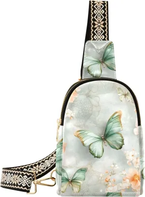 Sling Bag for Women Green Butterfly Flesh-colored Flower Pattern Waterproof Leather Crossbody Bags Trendy Casual Pack Shoulder Strap Chest Bag for Travel Hiking