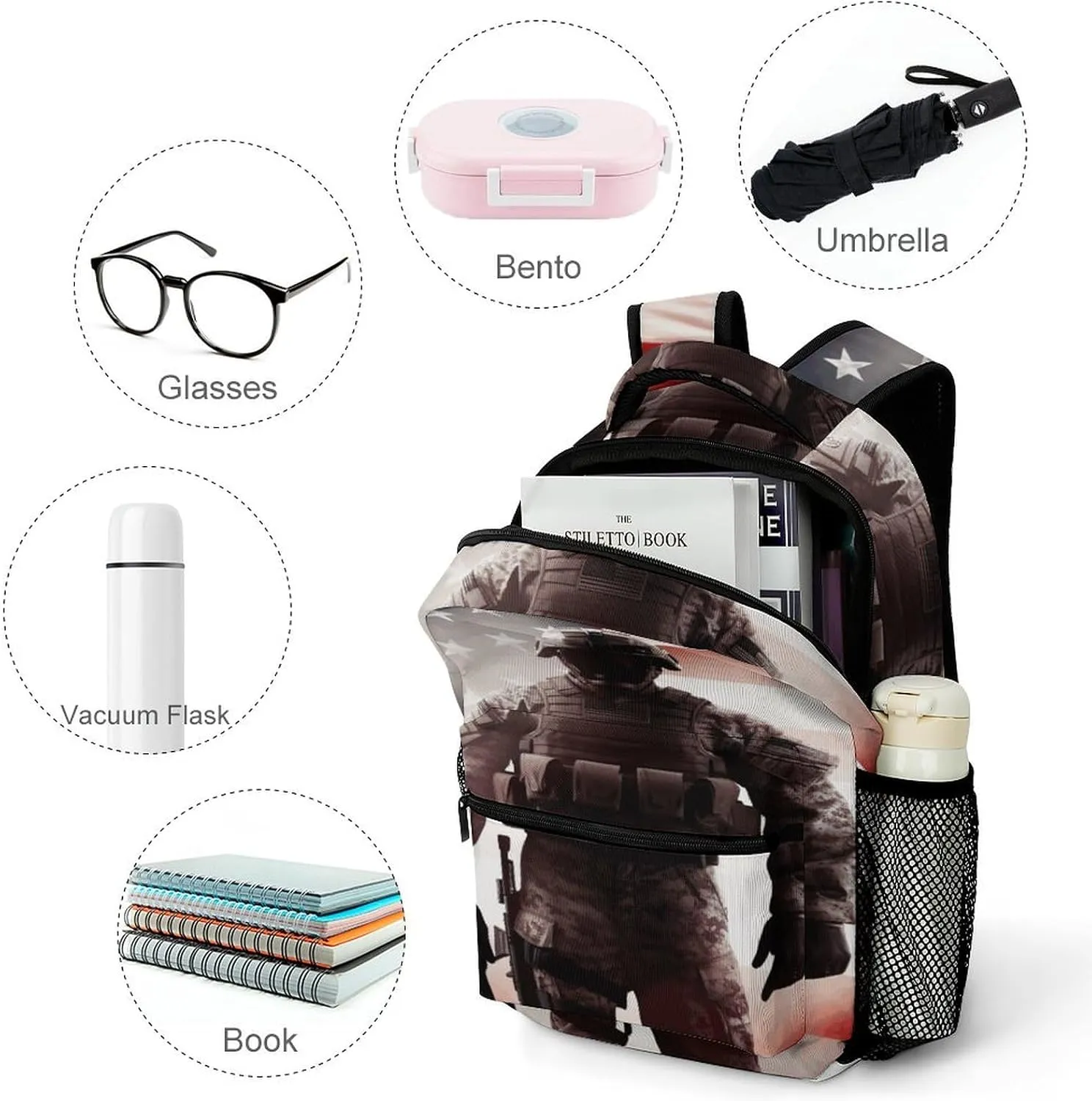 Small Backpacks Personalized American Soldier Printing Travel Bag Lightweight Travel Backpack For Women Men