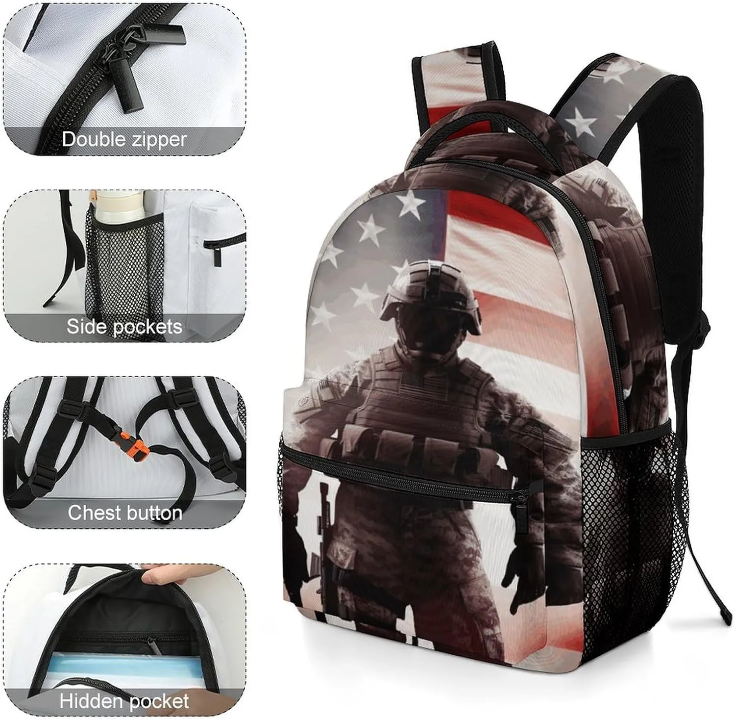 Small Backpacks Personalized American Soldier Printing Travel Bag Lightweight Travel Backpack For Women Men