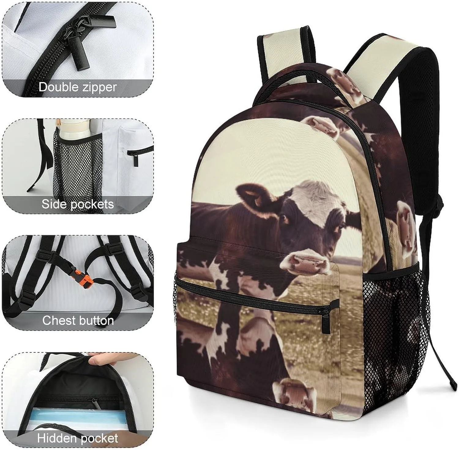 Small Backpacks Personalized Animal Cow Printing Travel Bag Lightweight Travel Backpack For Women Men