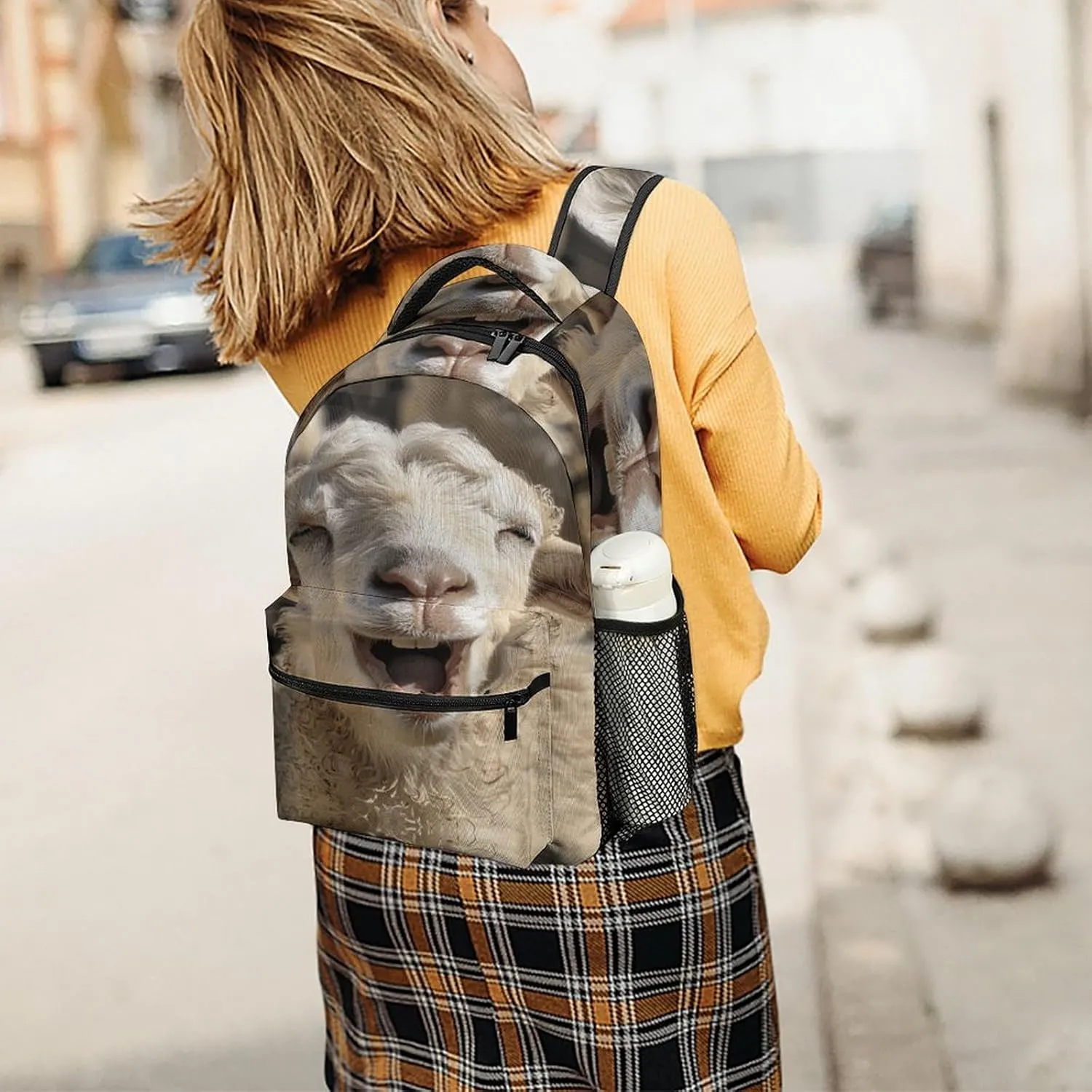 Small Backpacks Personalized Beige Goat Face Printing Travel Bag Lightweight Travel Backpack For Women Men