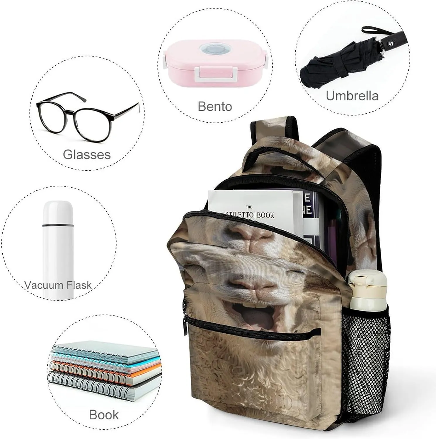 Small Backpacks Personalized Beige Goat Face Printing Travel Bag Lightweight Travel Backpack For Women Men