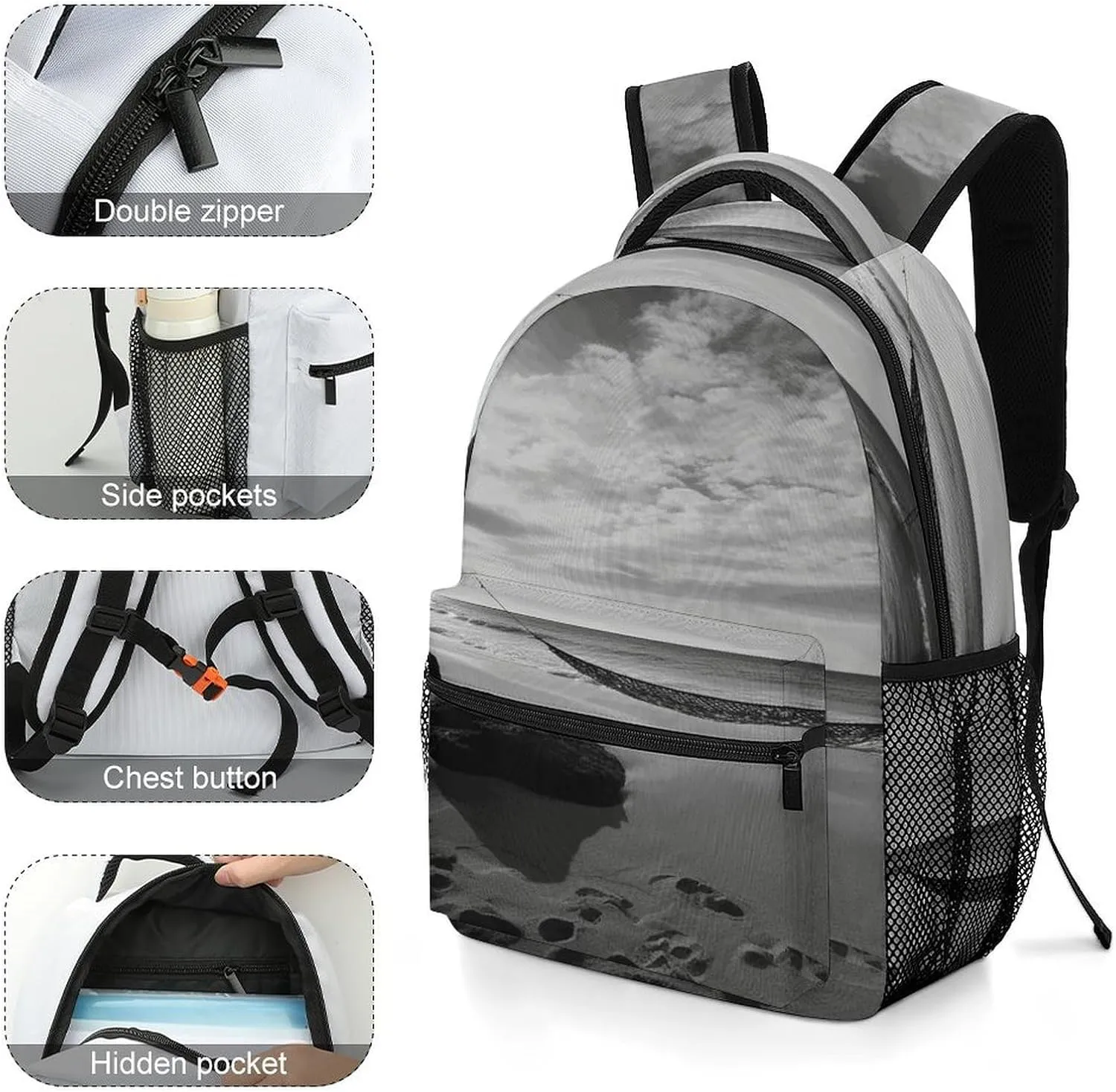 Small Backpacks Personalized Black And White Beach Printing Travel Bag Lightweight Travel Backpack For Women Men