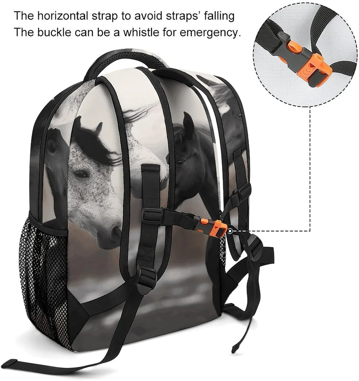 Small Backpacks Personalized Black And White Horses Printing Travel Bag Lightweight Travel Backpack For Women Men