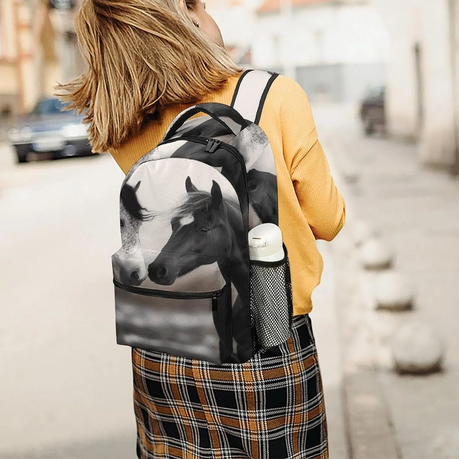 Small Backpacks Personalized Black And White Horses Printing Travel Bag Lightweight Travel Backpack For Women Men