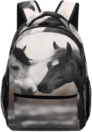 Small Backpacks Personalized Black And White Horses Printing Travel Bag Lightweight Travel Backpack For Women Men
