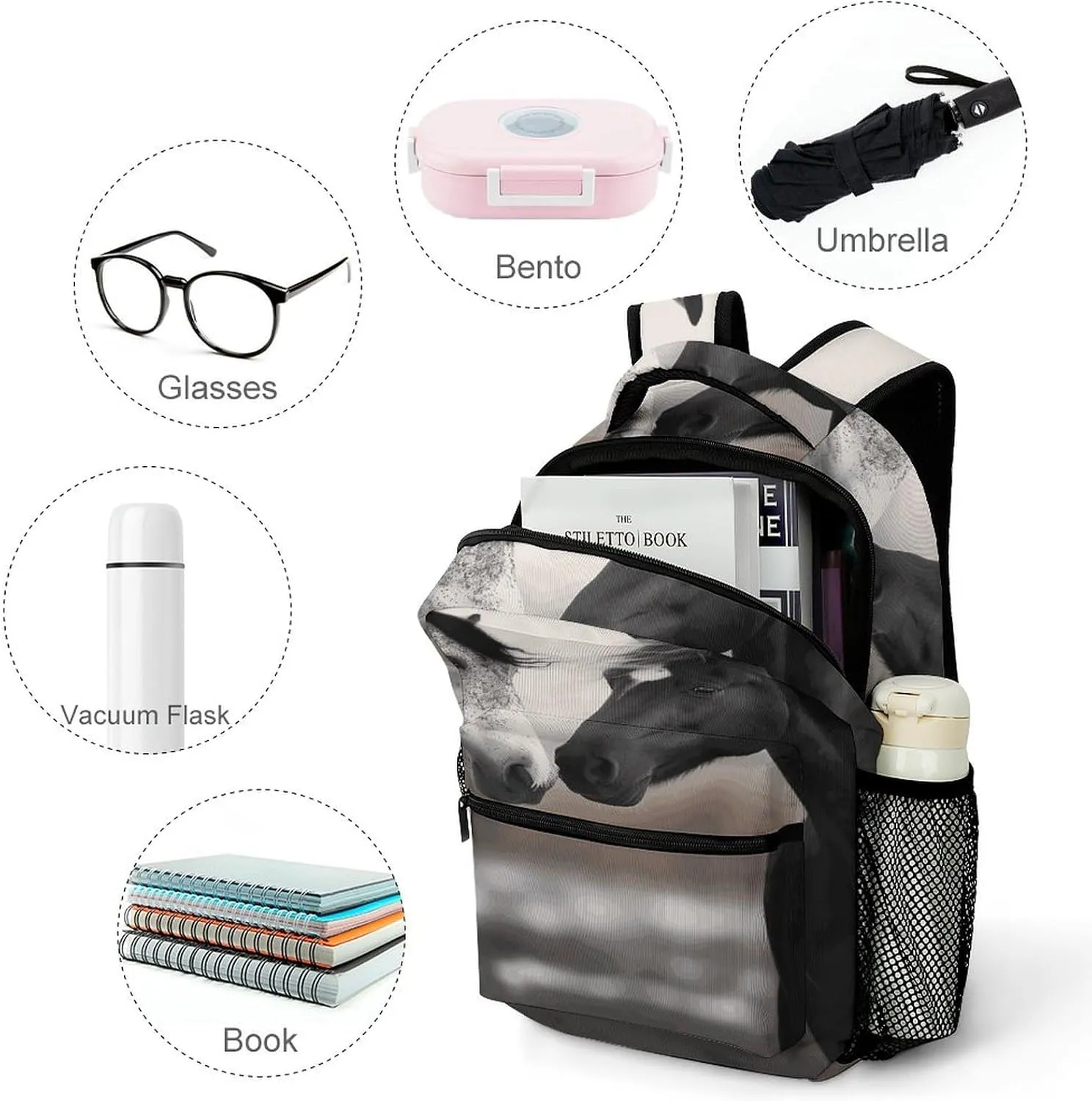 Small Backpacks Personalized Black And White Horses Printing Travel Bag Lightweight Travel Backpack For Women Men