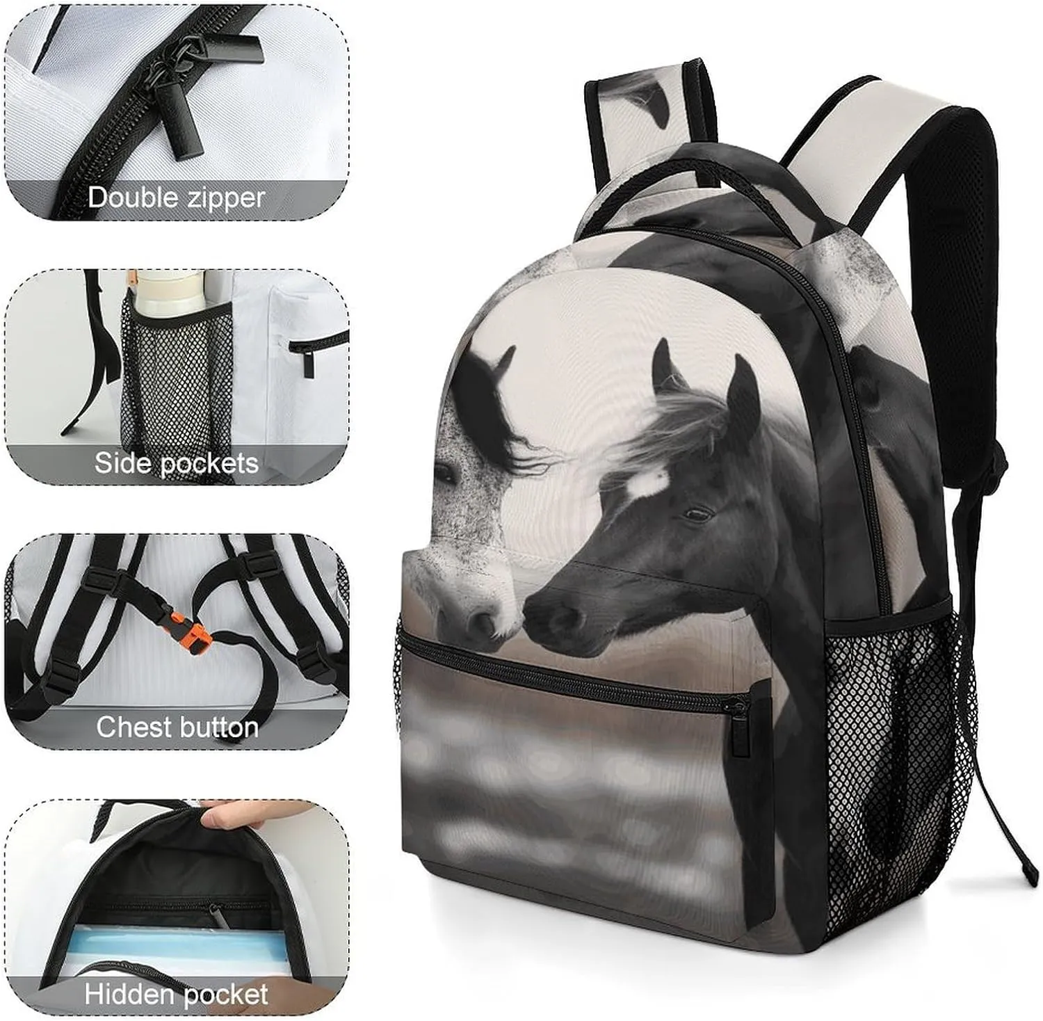 Small Backpacks Personalized Black And White Horses Printing Travel Bag Lightweight Travel Backpack For Women Men