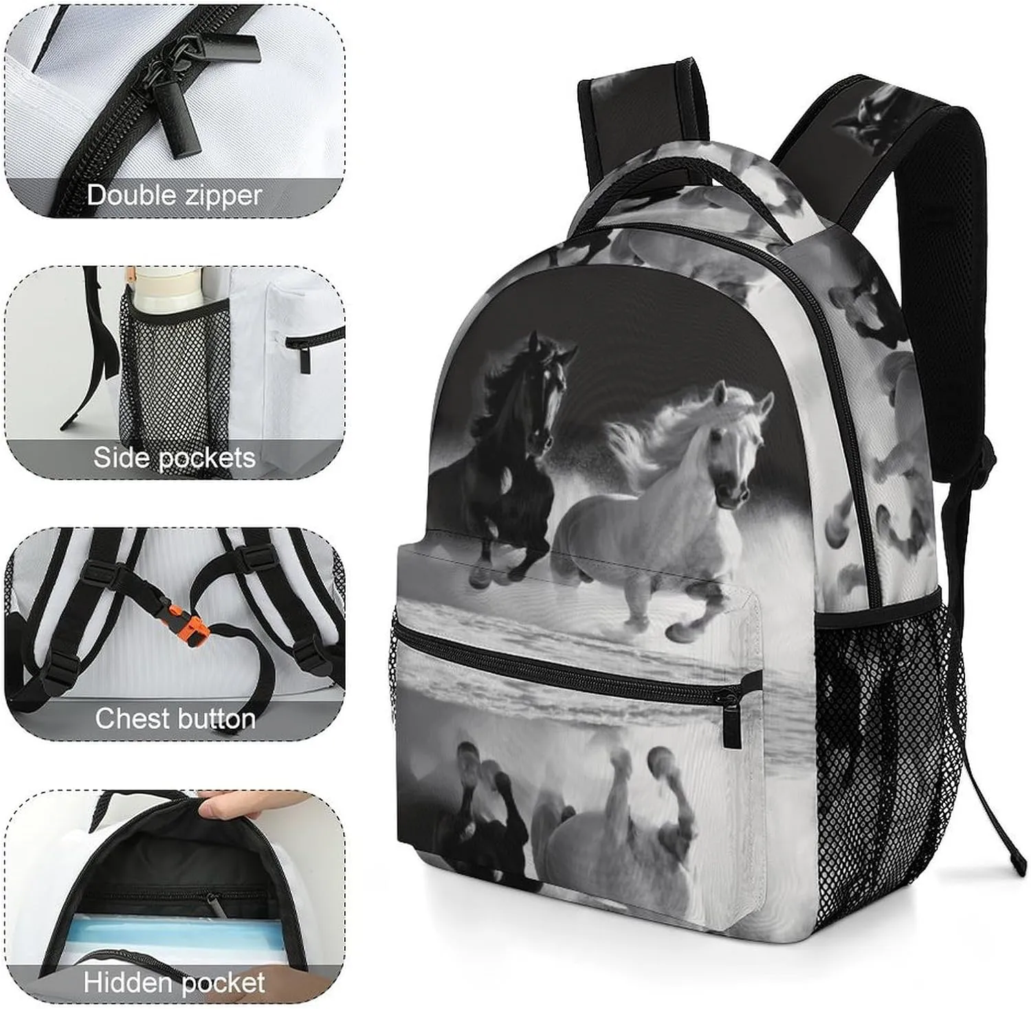 Small Backpacks Personalized Black And White Horses Running Printing Travel Bag Lightweight Travel Backpack For Women Men