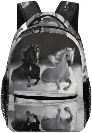 Small Backpacks Personalized Black And White Horses Running Printing Travel Bag Lightweight Travel Backpack For Women Men