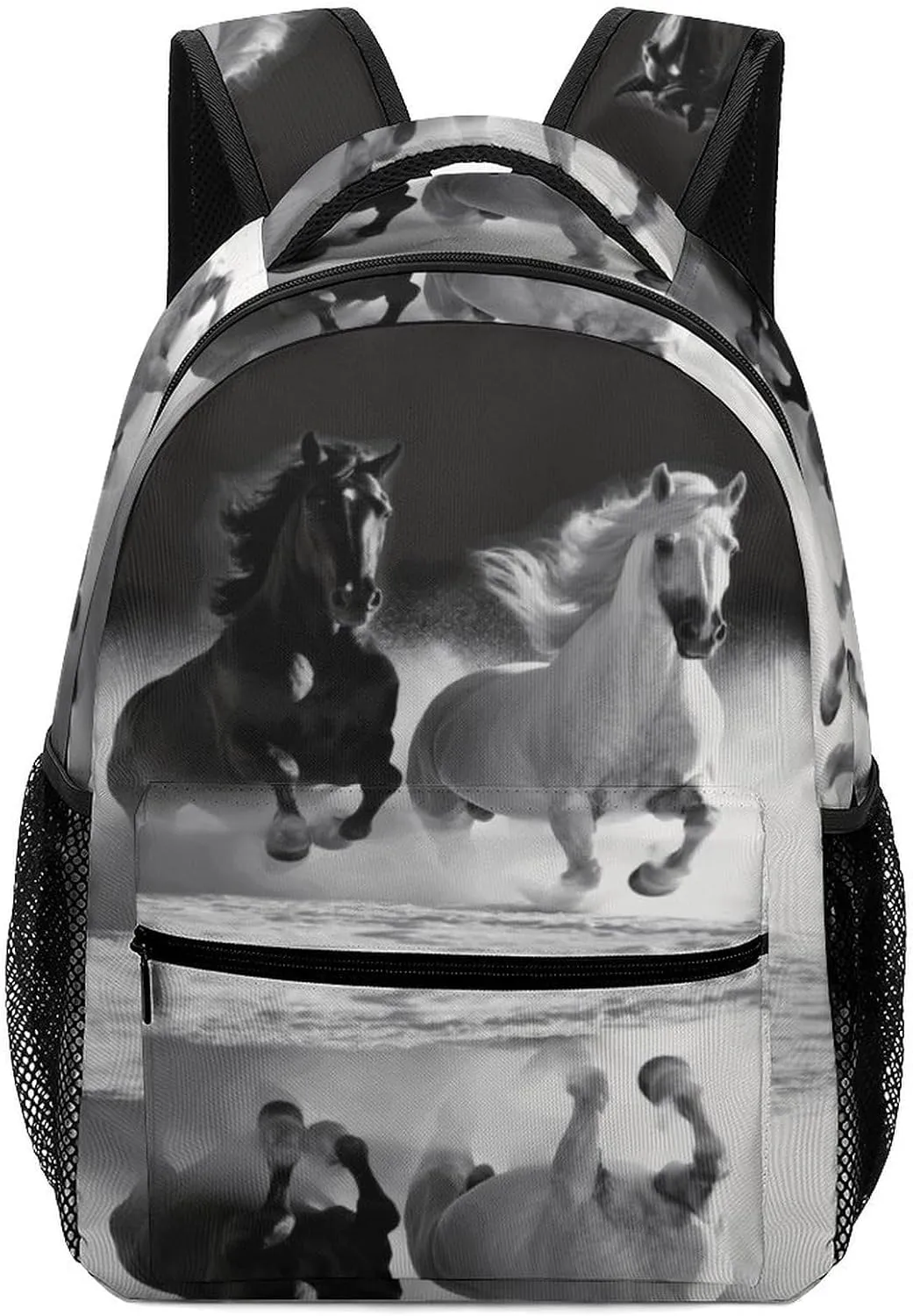 Small Backpacks Personalized Black And White Horses Running Printing Travel Bag Lightweight Travel Backpack For Women Men