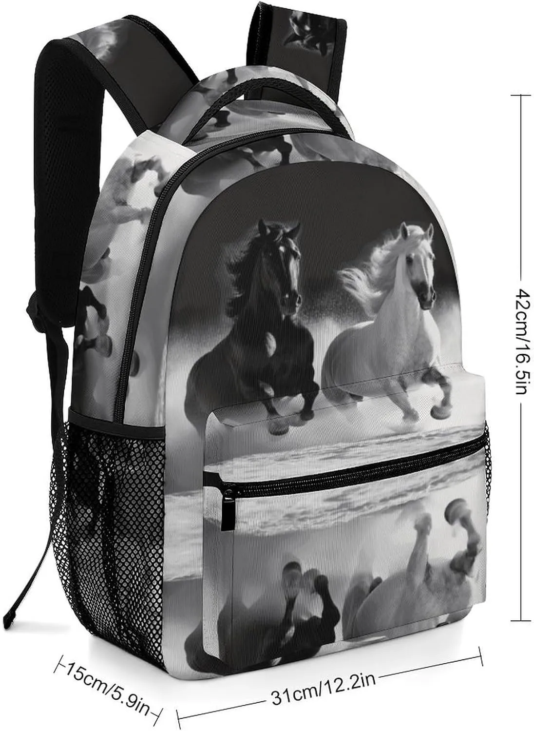 Small Backpacks Personalized Black And White Horses Running Printing Travel Bag Lightweight Travel Backpack For Women Men
