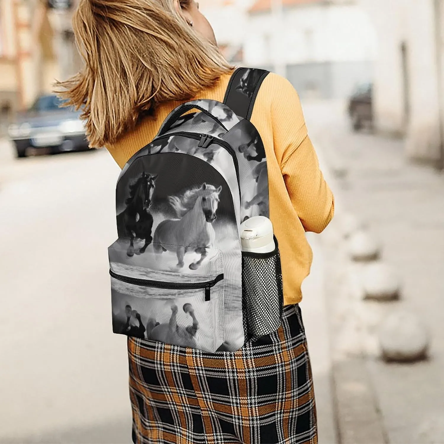 Small Backpacks Personalized Black And White Horses Running Printing Travel Bag Lightweight Travel Backpack For Women Men