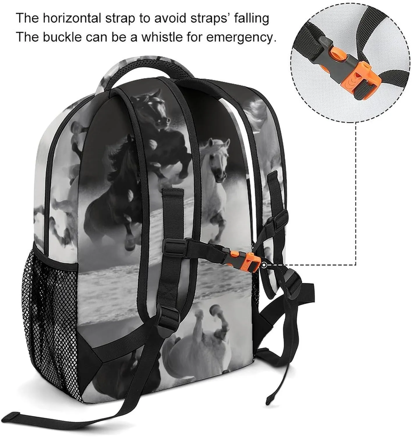 Small Backpacks Personalized Black And White Horses Running Printing Travel Bag Lightweight Travel Backpack For Women Men