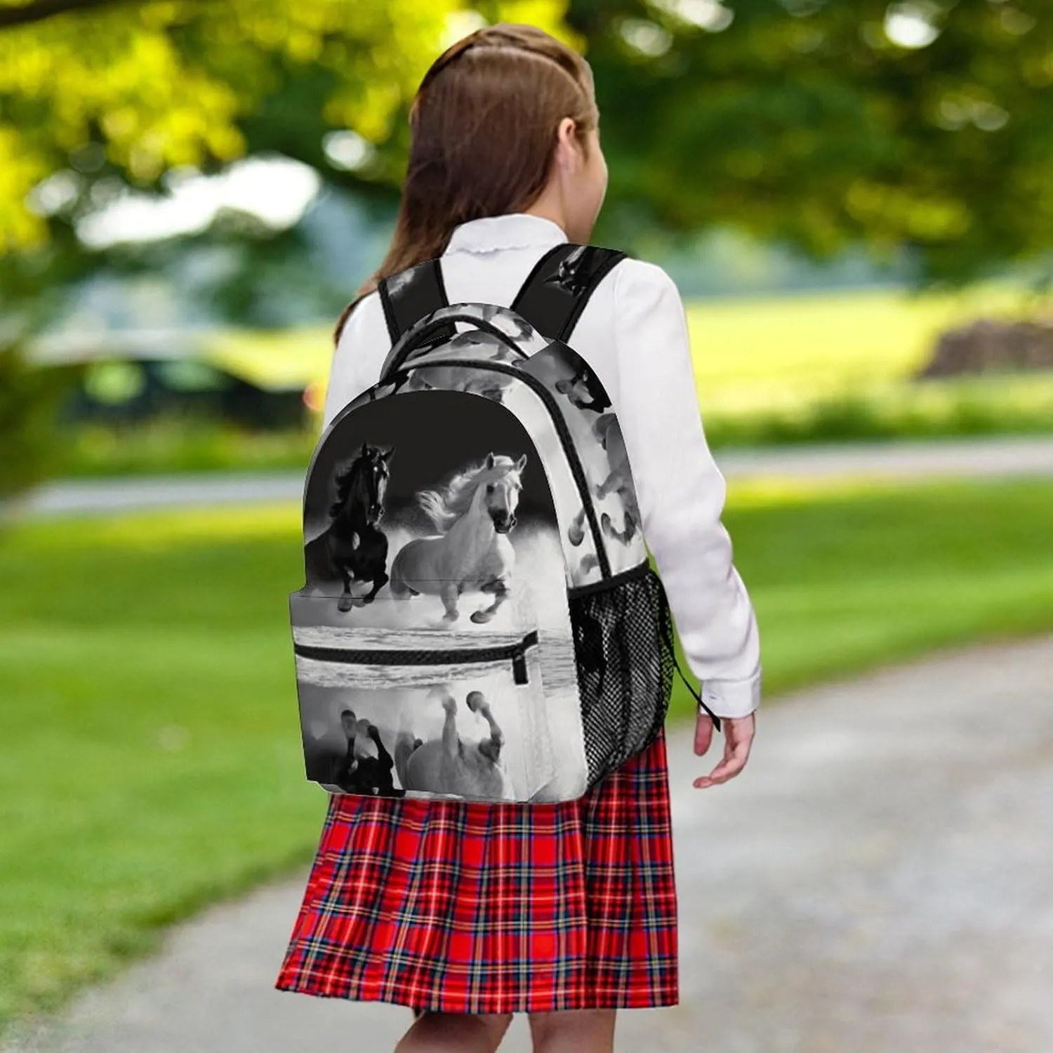 Small Backpacks Personalized Black And White Horses Running Printing Travel Bag Lightweight Travel Backpack For Women Men