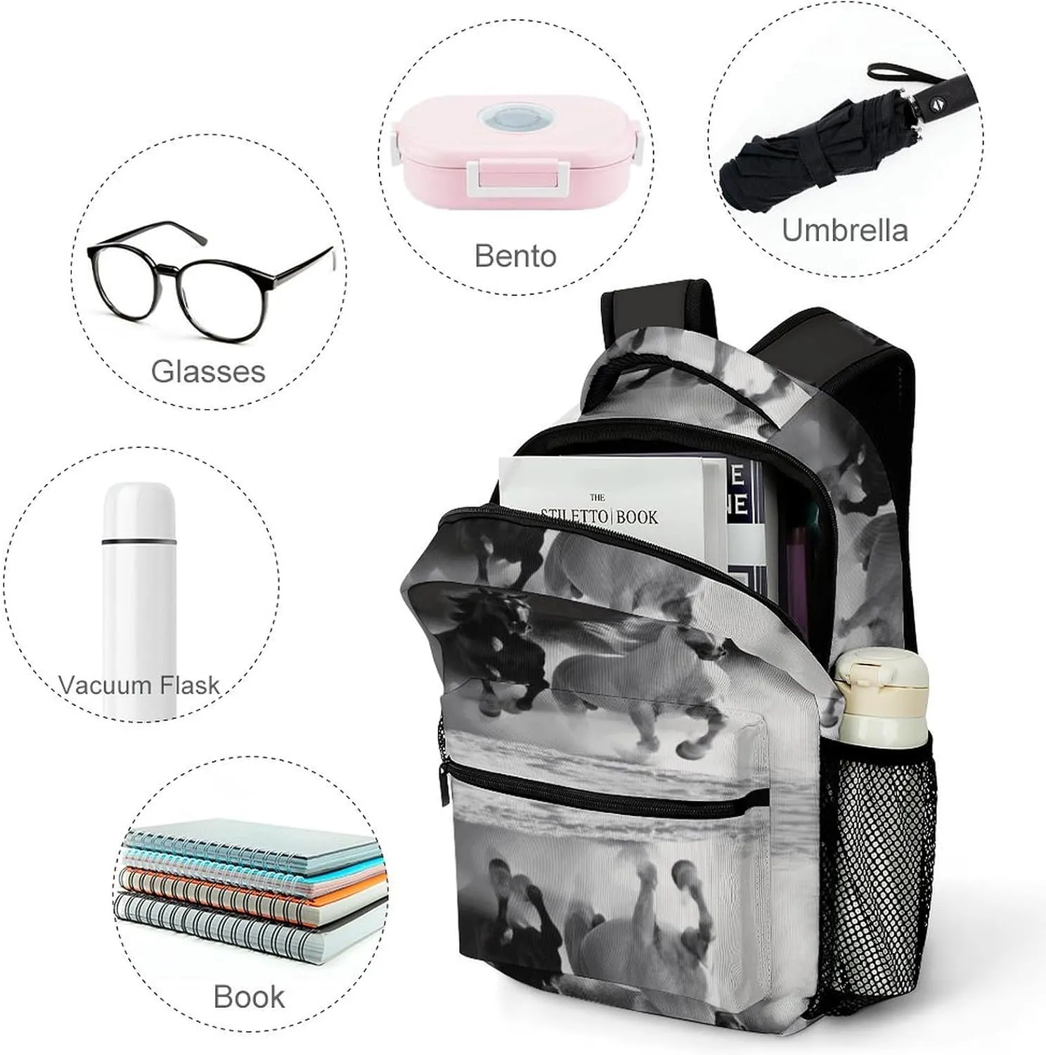 Small Backpacks Personalized Black And White Horses Running Printing Travel Bag Lightweight Travel Backpack For Women Men