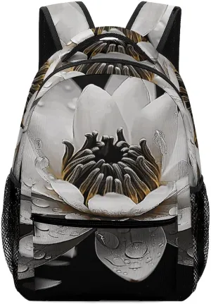 Small Backpacks Personalized Black And White Water Lily Printing Travel Bag Lightweight Travel Backpack For Women Men