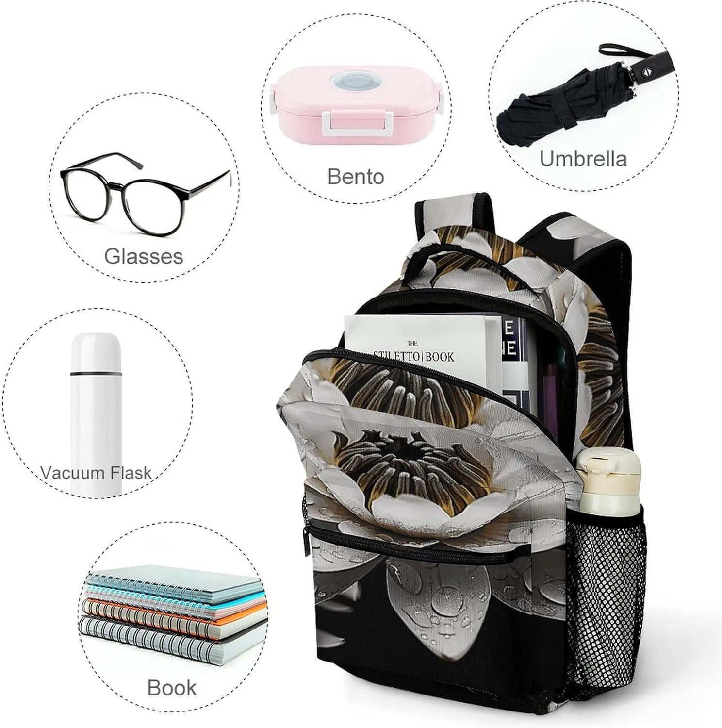 Small Backpacks Personalized Black And White Water Lily Printing Travel Bag Lightweight Travel Backpack For Women Men