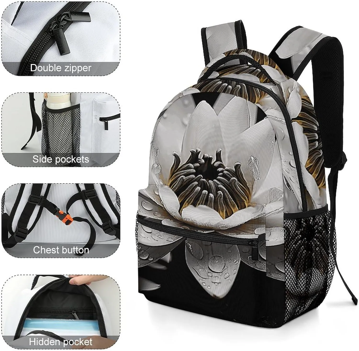 Small Backpacks Personalized Black And White Water Lily Printing Travel Bag Lightweight Travel Backpack For Women Men
