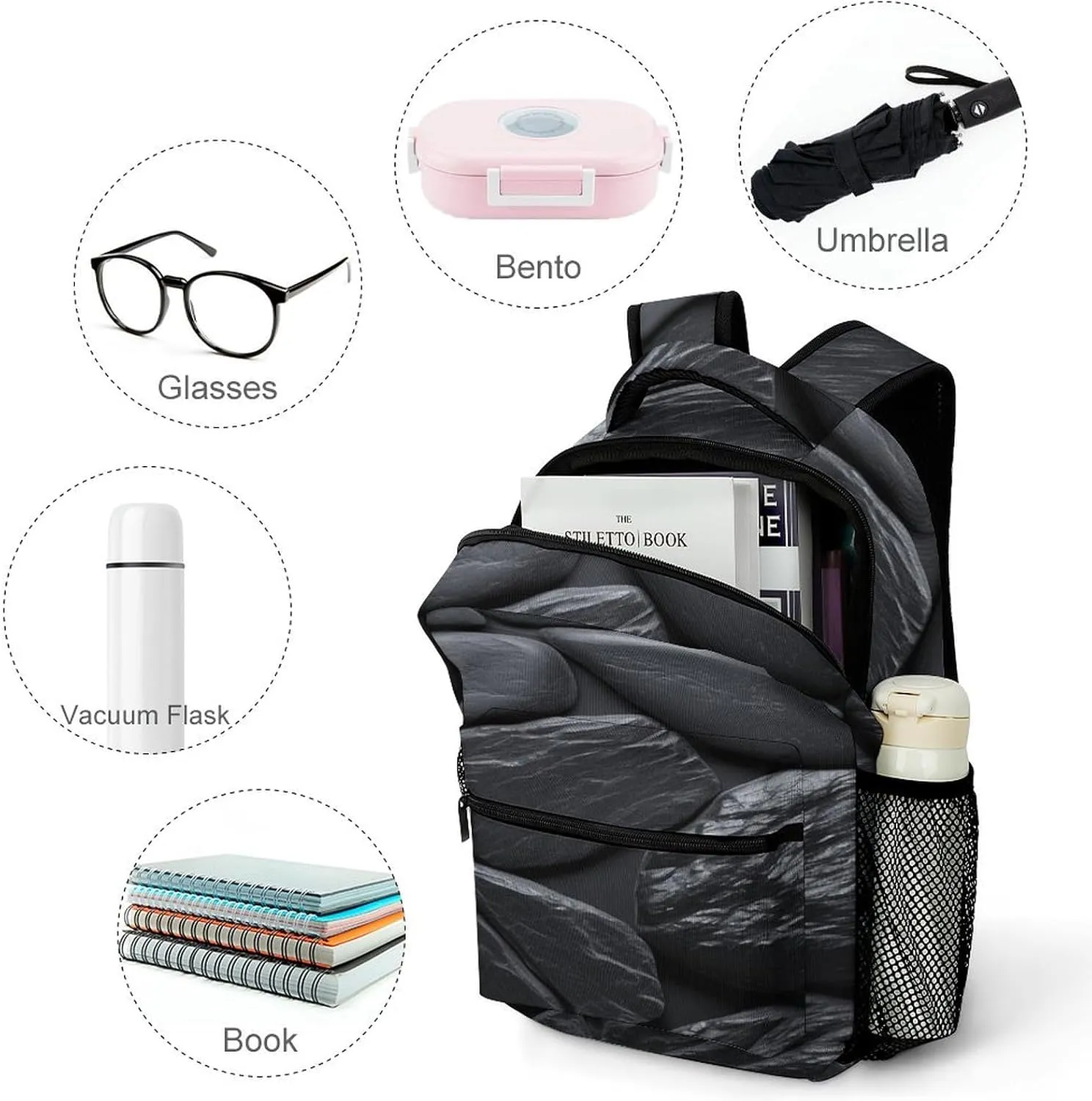 Small Backpacks Personalized Black Stone Printing Travel Bag Lightweight Travel Backpack For Women Men