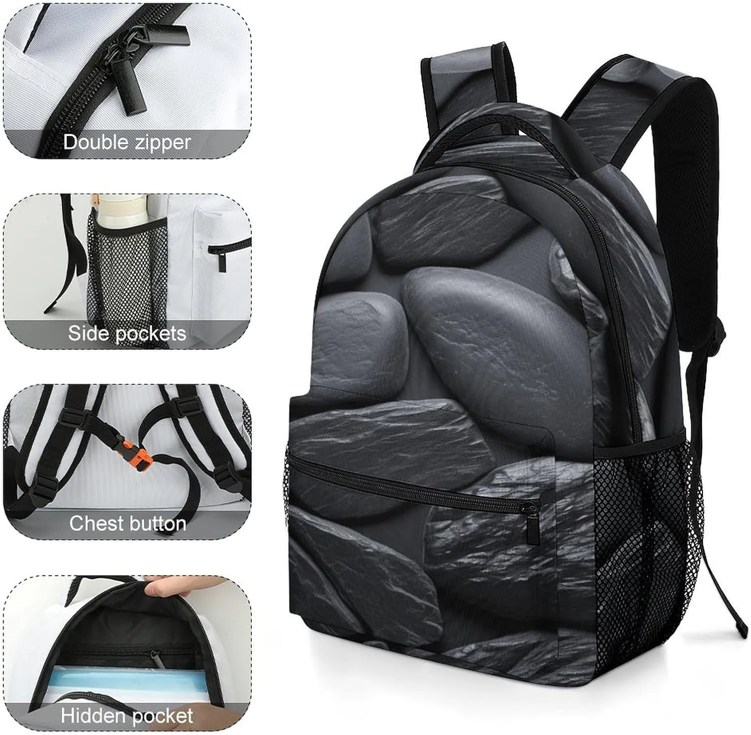 Small Backpacks Personalized Black Stone Printing Travel Bag Lightweight Travel Backpack For Women Men
