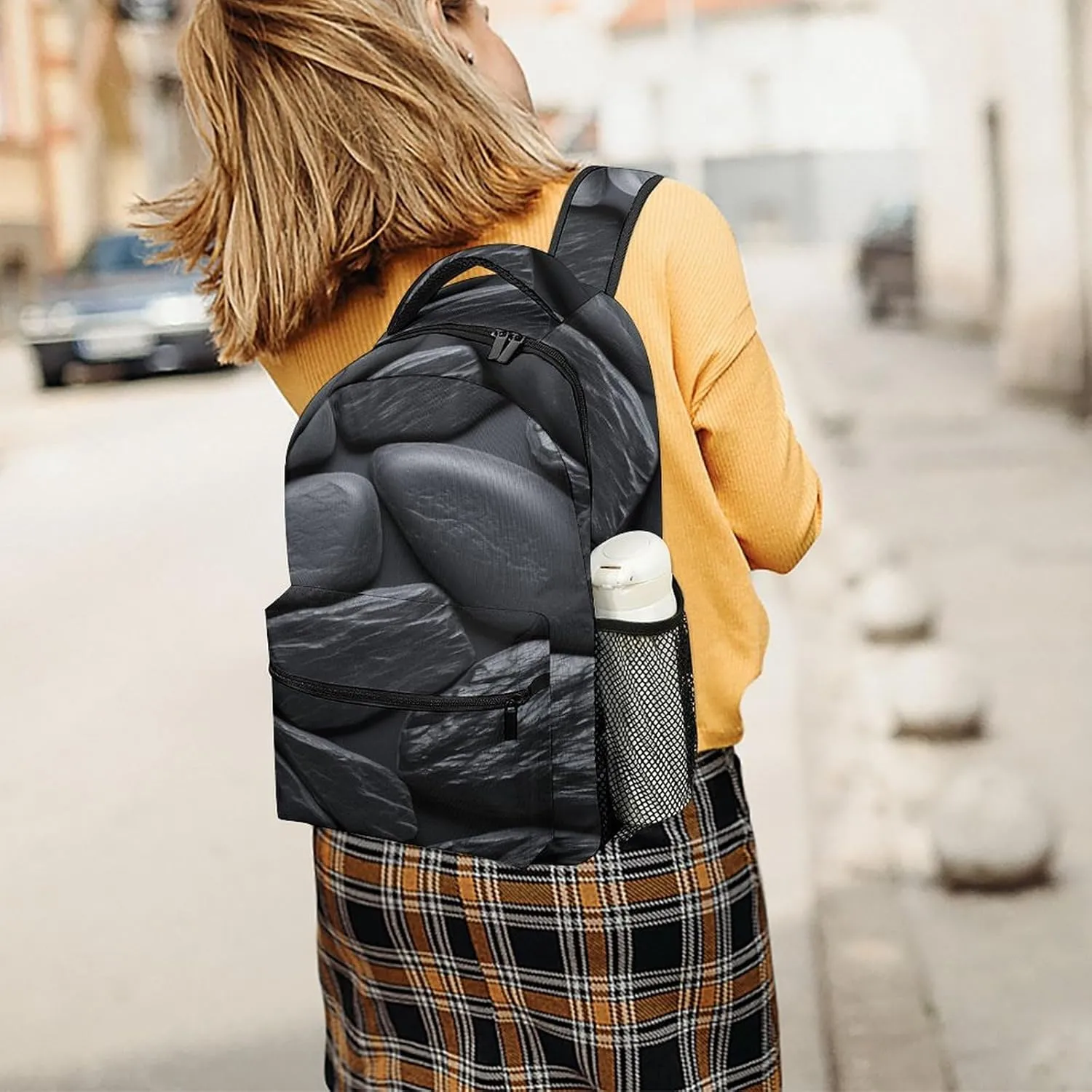 Small Backpacks Personalized Black Stone Printing Travel Bag Lightweight Travel Backpack For Women Men