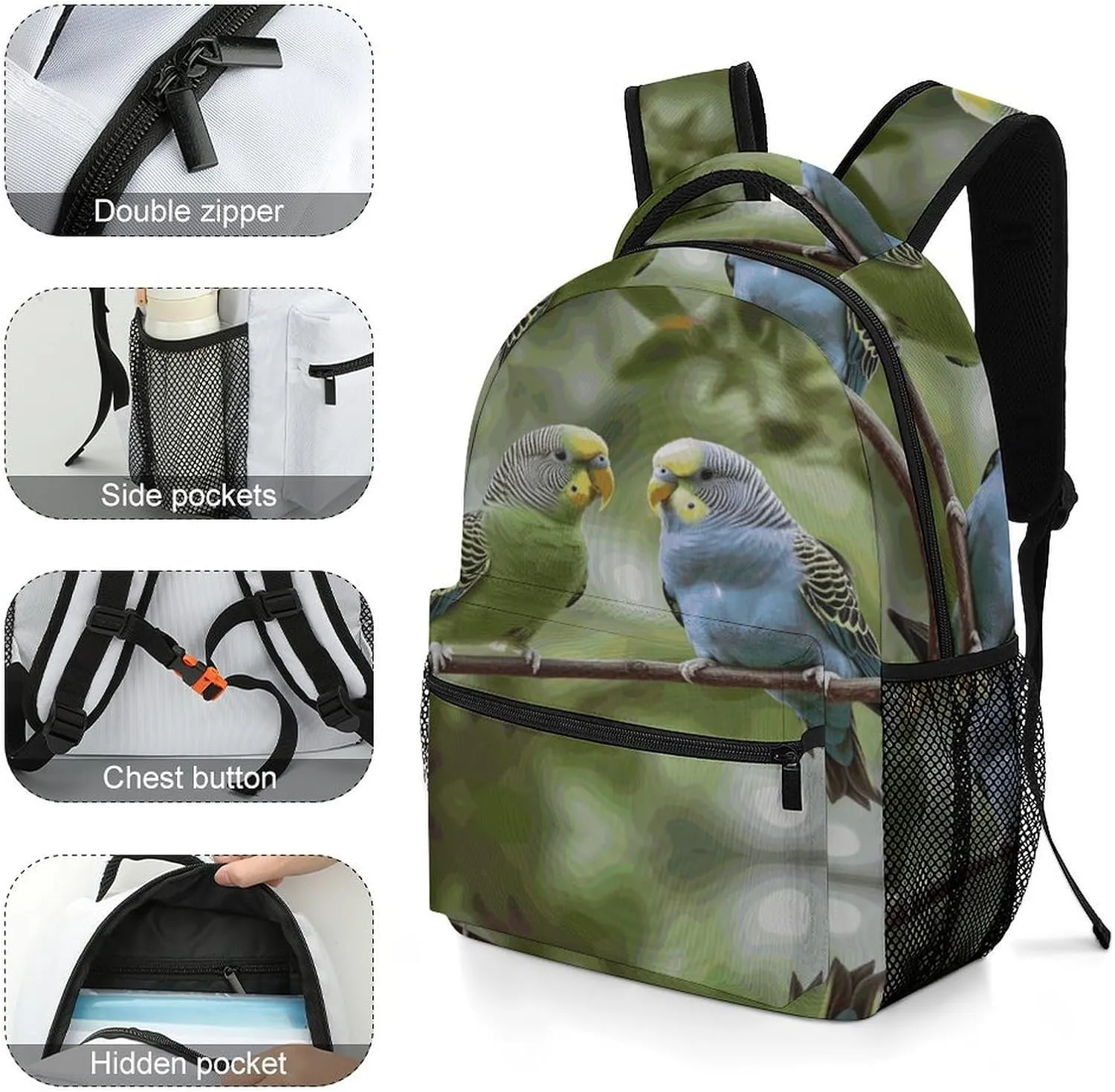 Small Backpacks Personalized Blue And Green Parakeets Printing Travel Bag Lightweight Travel Backpack For Women Men