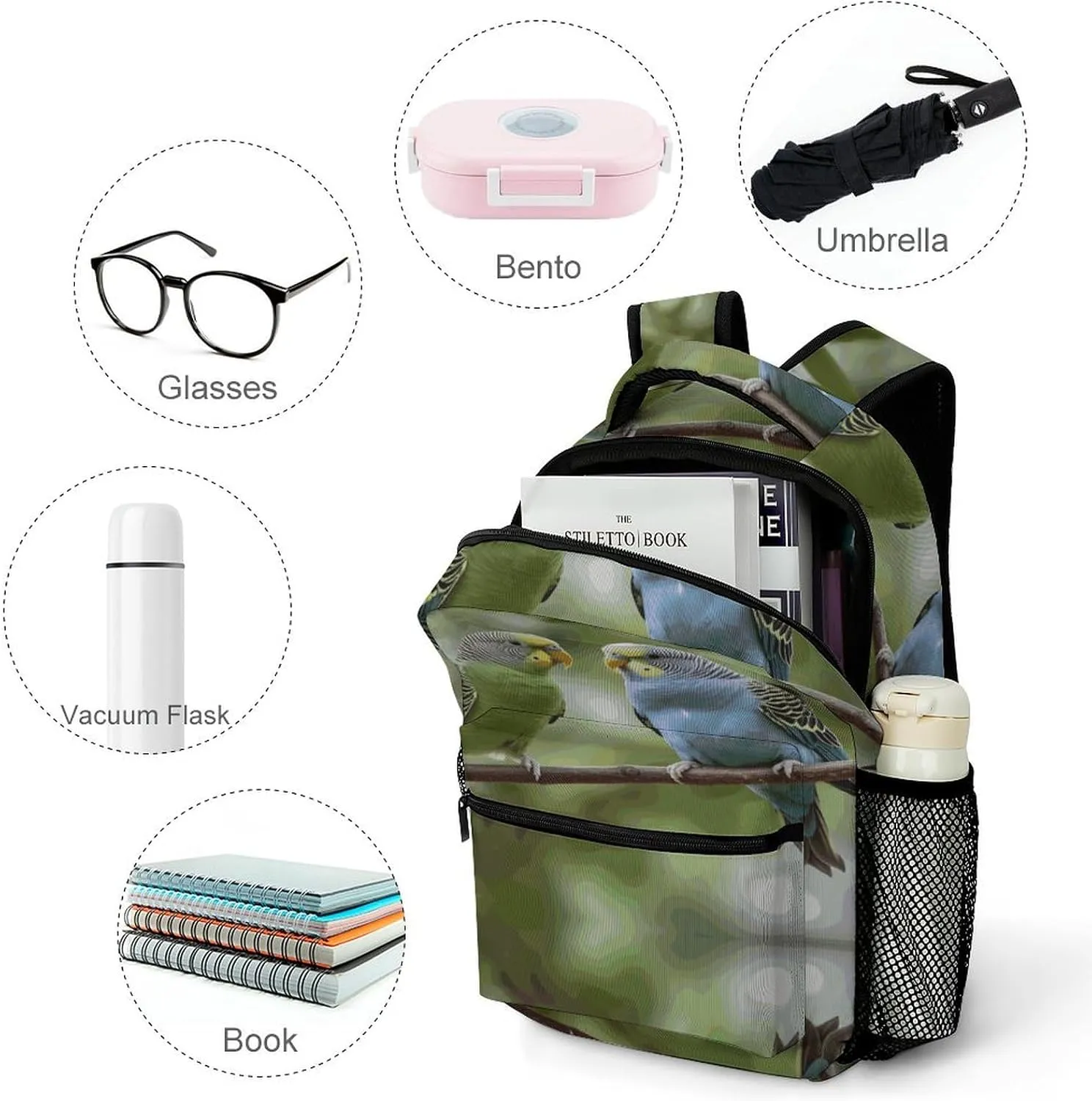 Small Backpacks Personalized Blue And Green Parakeets Printing Travel Bag Lightweight Travel Backpack For Women Men
