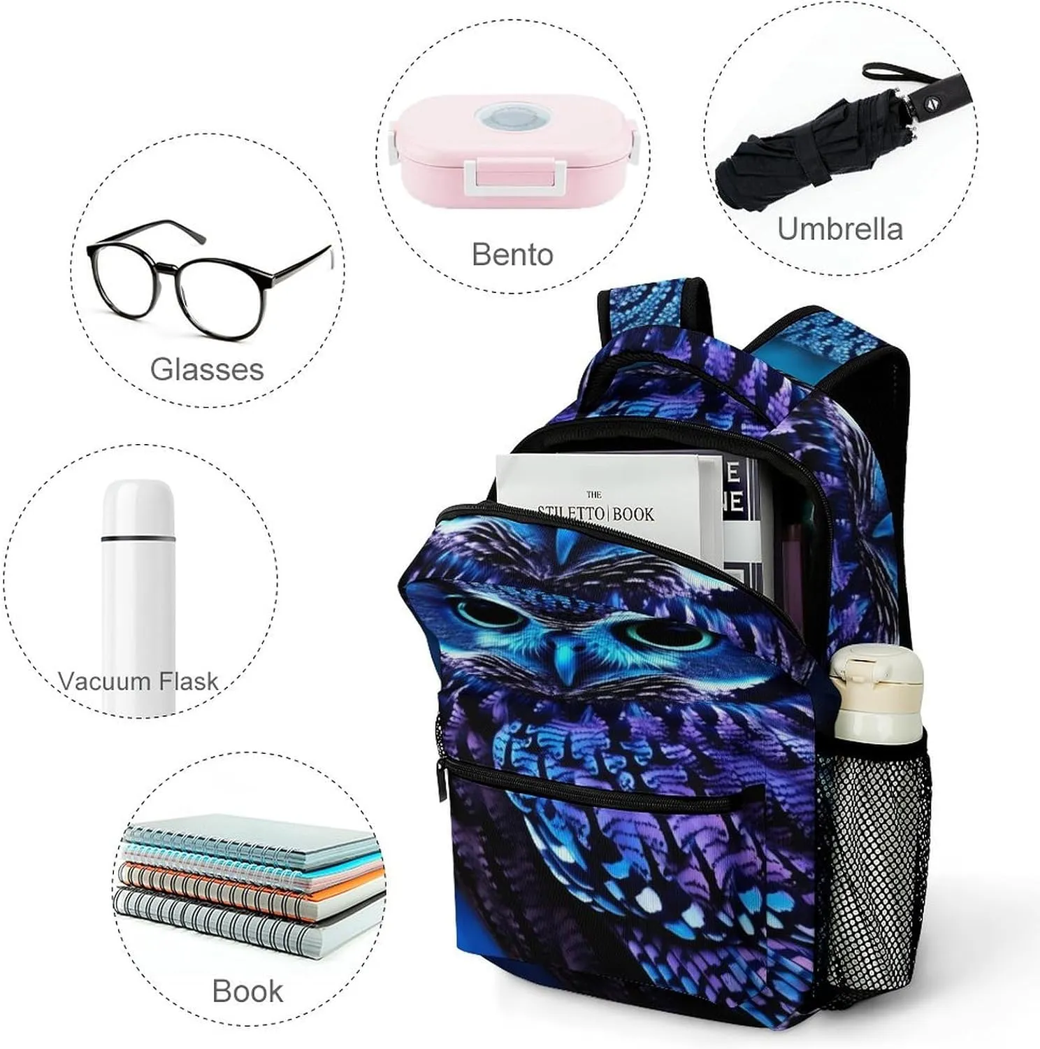 Small Backpacks Personalized Blue Owl Printing Travel Bag Lightweight Travel Backpack For Women Men