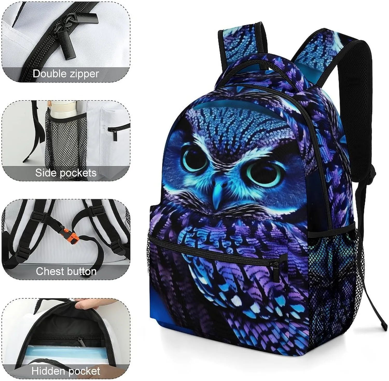Small Backpacks Personalized Blue Owl Printing Travel Bag Lightweight Travel Backpack For Women Men