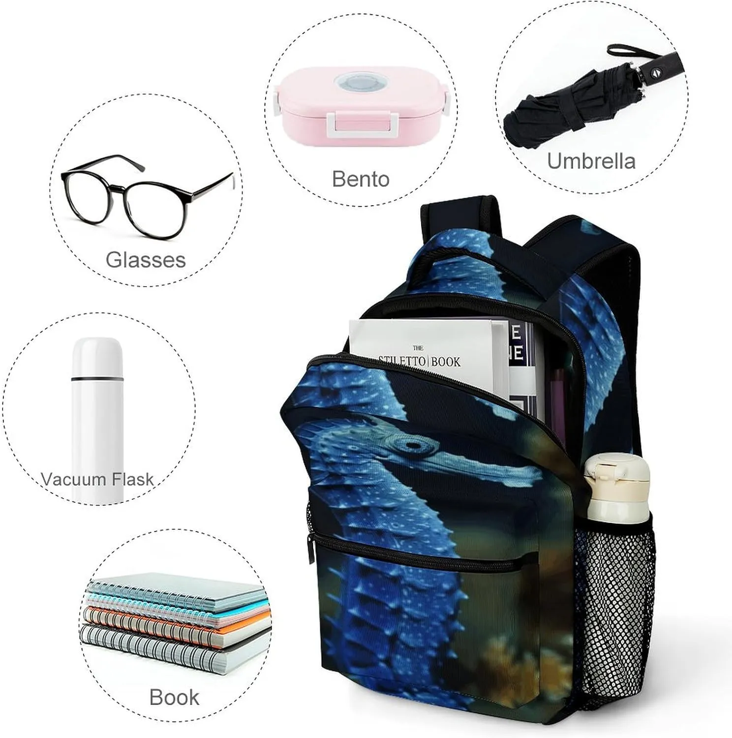 Small Backpacks Personalized Blue Seahorse Printing Travel Bag Lightweight Travel Backpack For Women Men