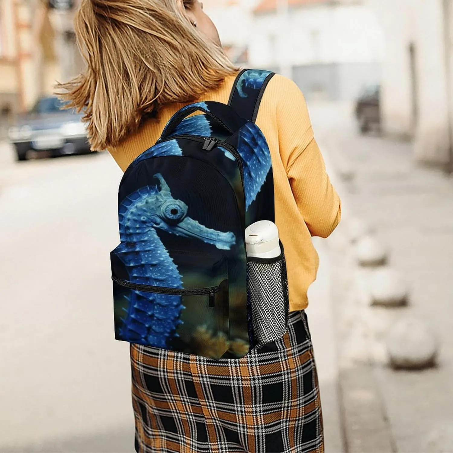 Small Backpacks Personalized Blue Seahorse Printing Travel Bag Lightweight Travel Backpack For Women Men