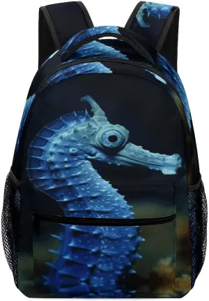 Small Backpacks Personalized Blue Seahorse Printing Travel Bag Lightweight Travel Backpack For Women Men