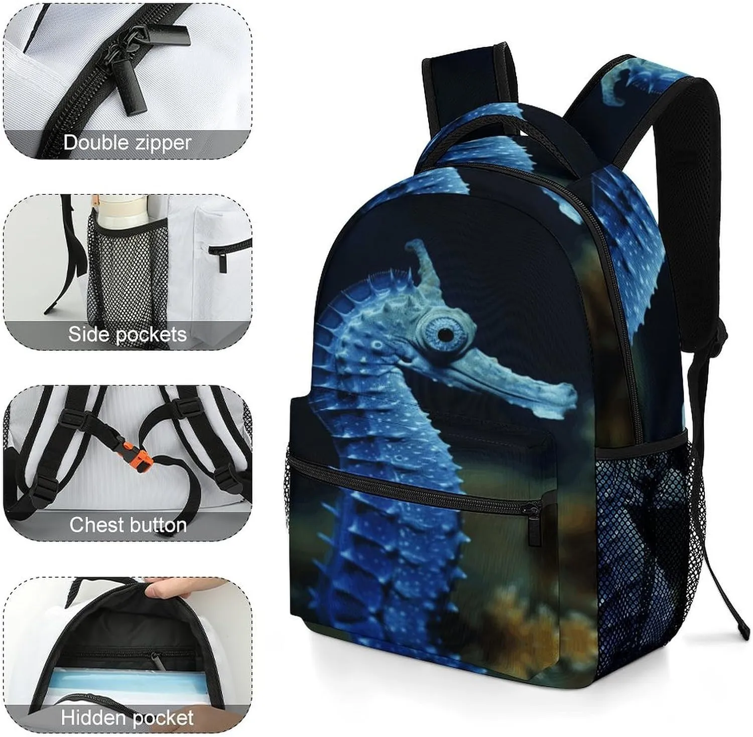 Small Backpacks Personalized Blue Seahorse Printing Travel Bag Lightweight Travel Backpack For Women Men