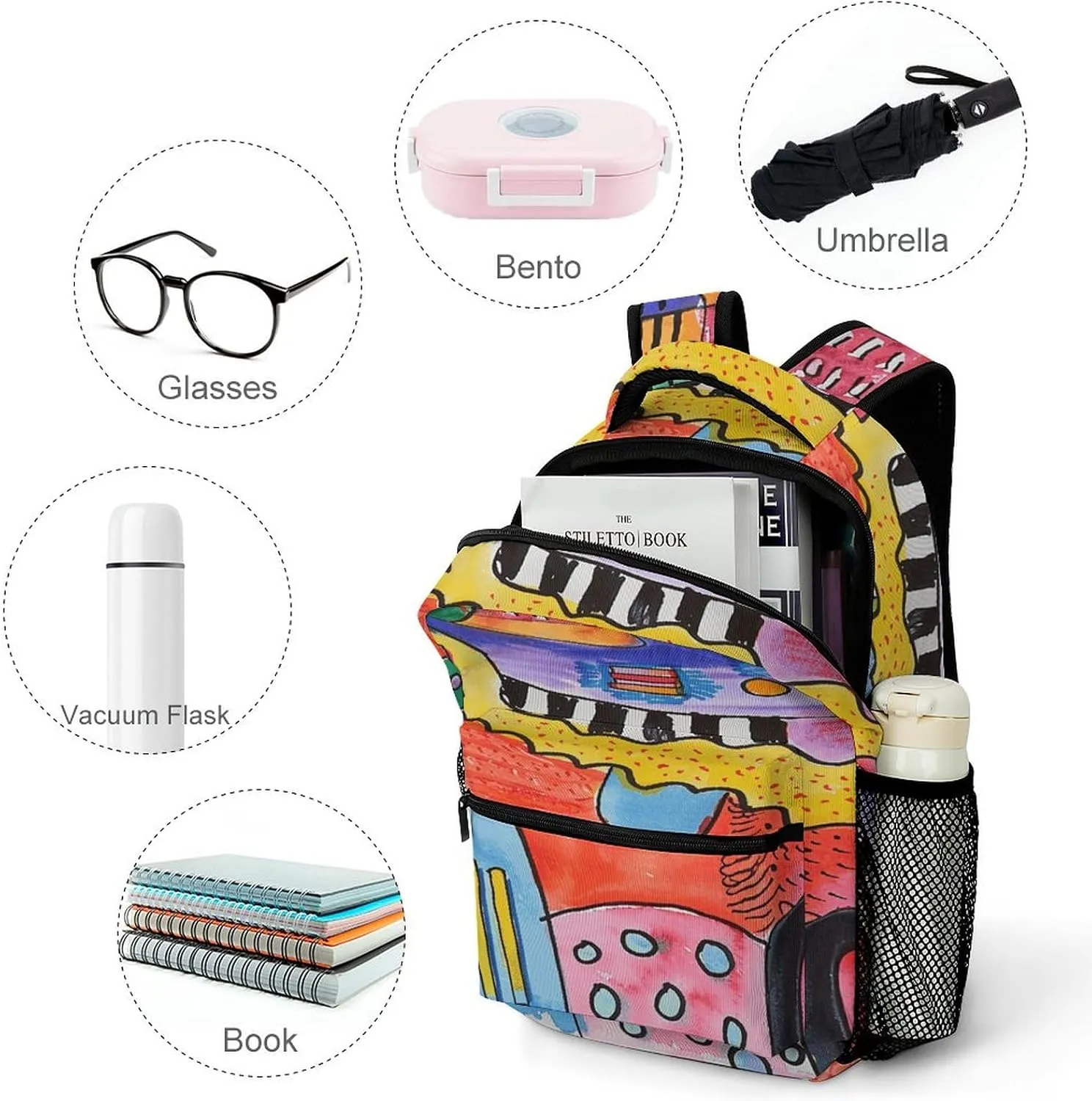 Small Backpacks Personalized Bright Colored Curves Printing Travel Bag Lightweight Travel Backpack For Women Men