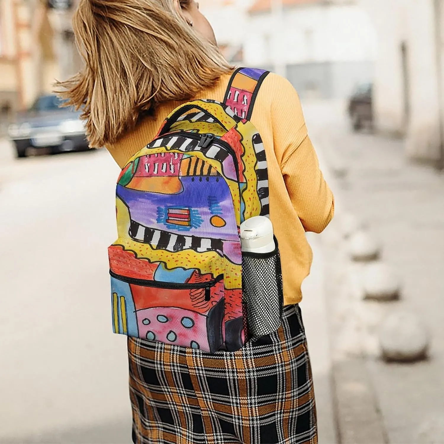 Small Backpacks Personalized Bright Colored Curves Printing Travel Bag Lightweight Travel Backpack For Women Men