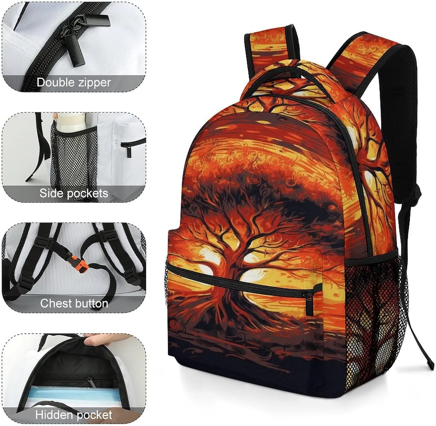 Small Backpacks Personalized Burning Tree of Life Printing Travel Bag Lightweight Travel Backpack For Women Men
