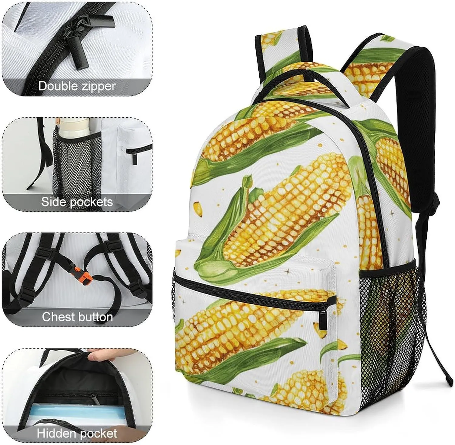 Small Backpacks Personalized Cartoon Corn on The Cob Printing Travel Bag Lightweight Travel Backpack For Women Men