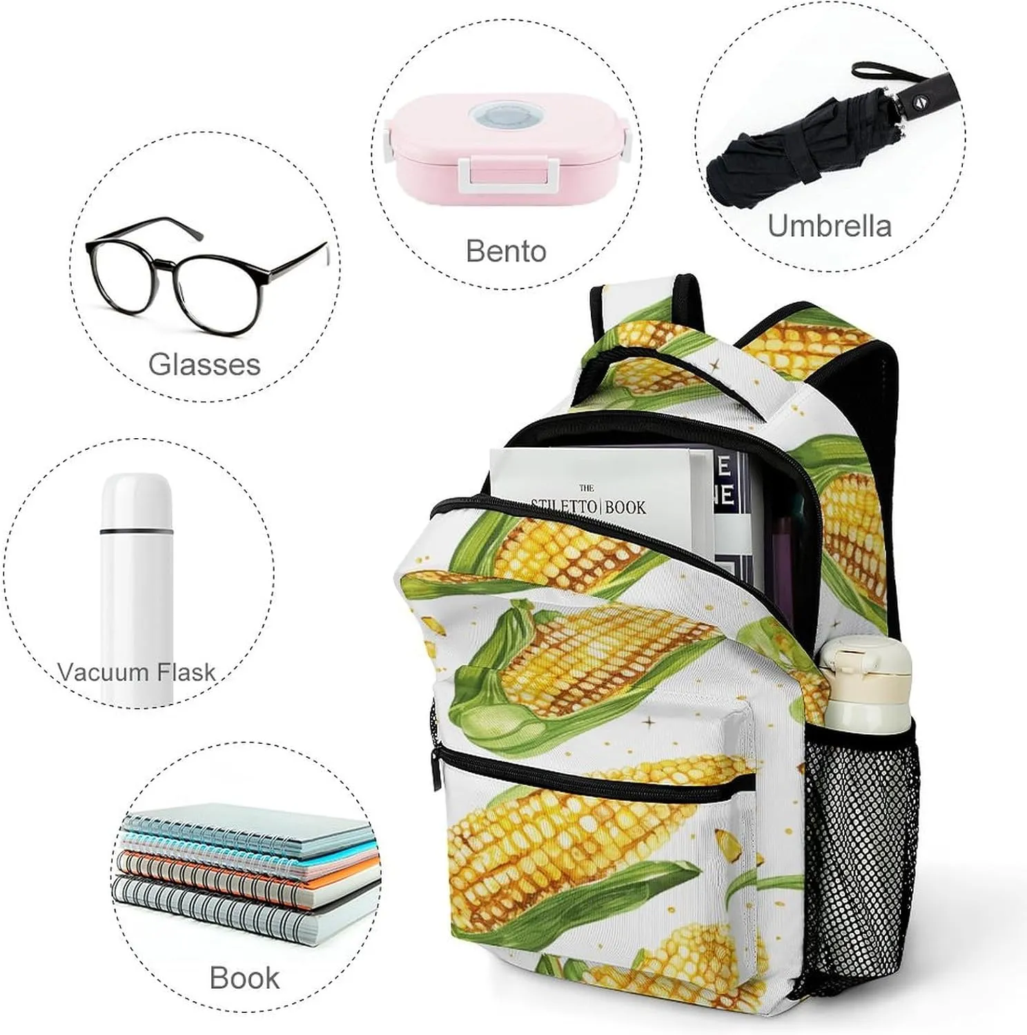 Small Backpacks Personalized Cartoon Corn on The Cob Printing Travel Bag Lightweight Travel Backpack For Women Men
