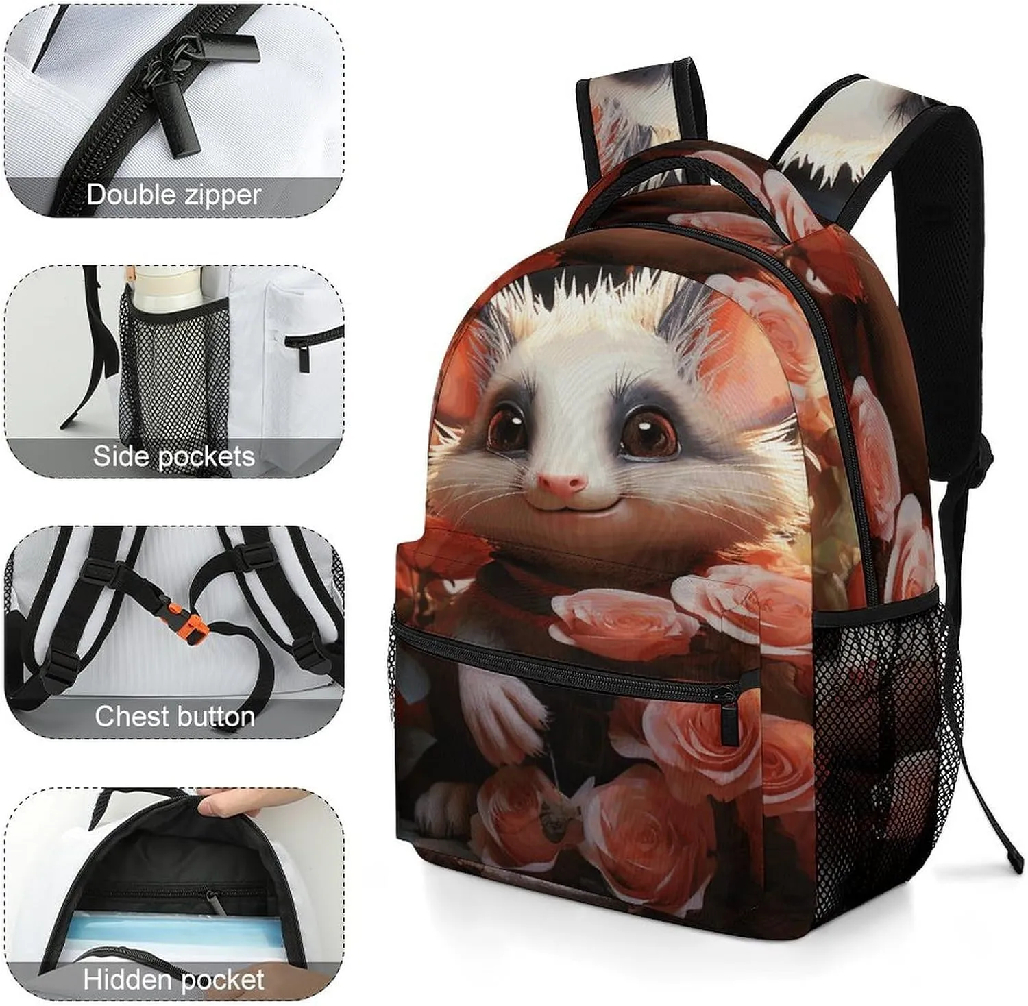 Small Backpacks Personalized Cartoon Opossum And Roses Printing Travel Bag Lightweight Travel Backpack For Women Men