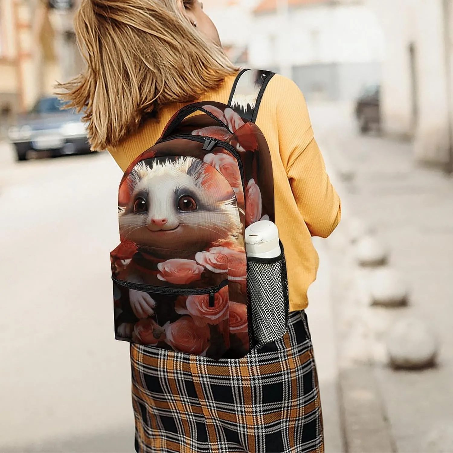 Small Backpacks Personalized Cartoon Opossum And Roses Printing Travel Bag Lightweight Travel Backpack For Women Men