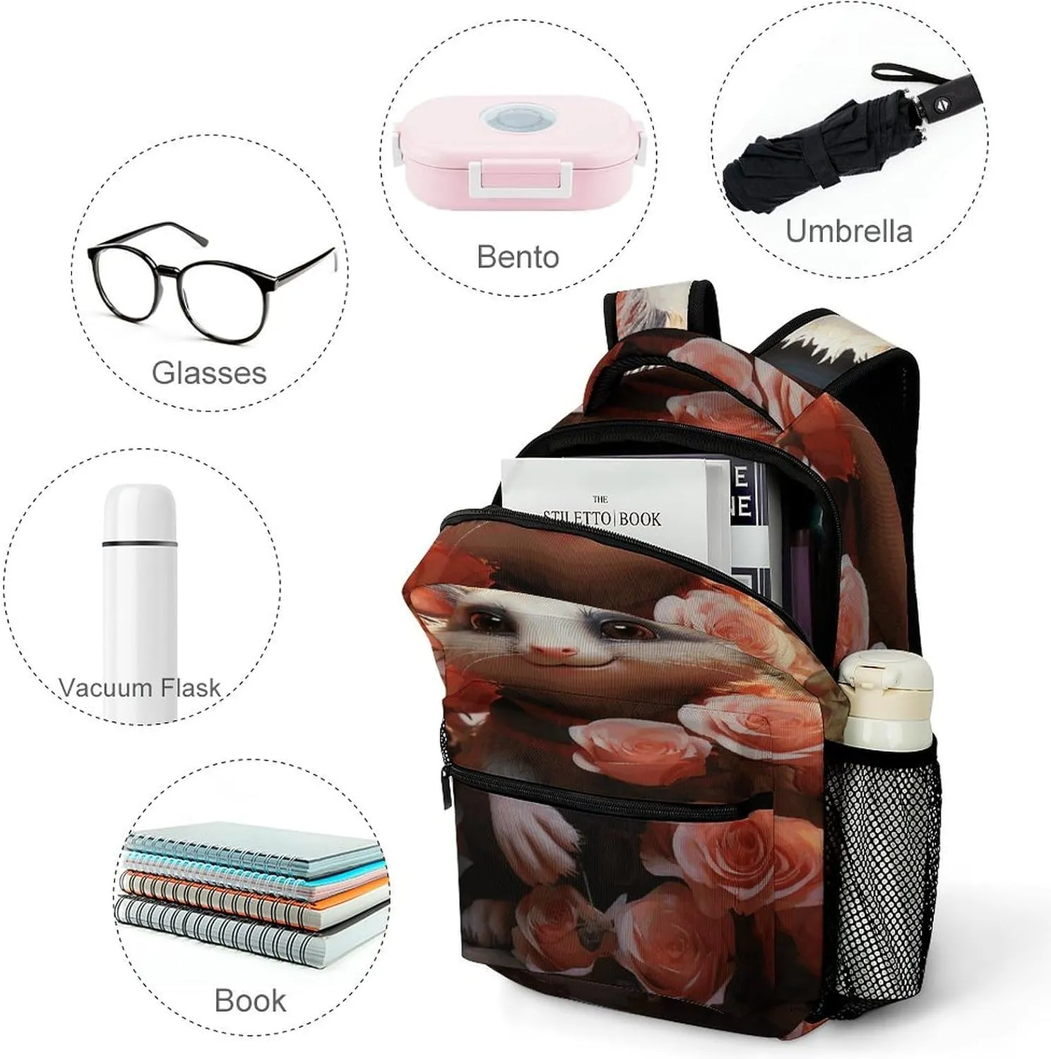 Small Backpacks Personalized Cartoon Opossum And Roses Printing Travel Bag Lightweight Travel Backpack For Women Men