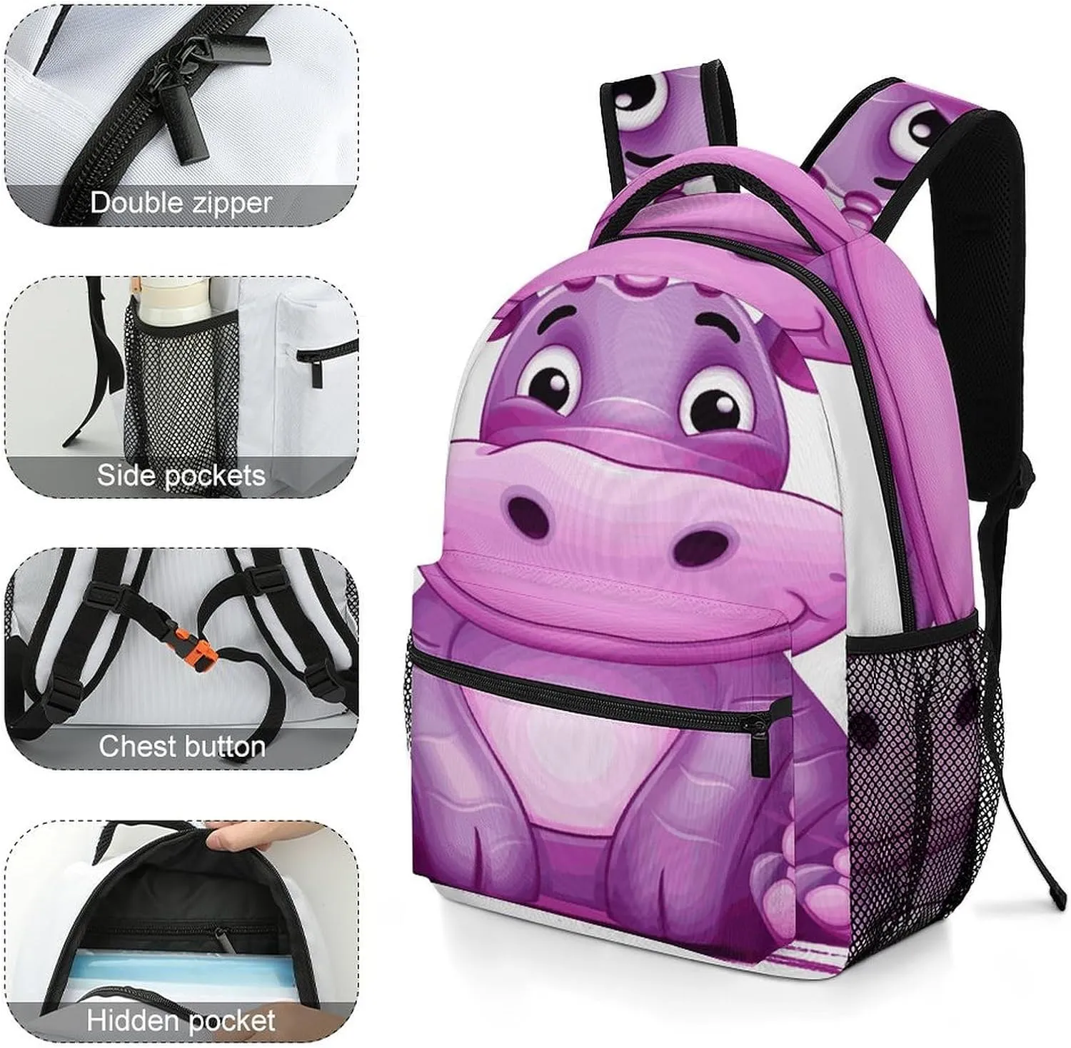 Small Backpacks Personalized Cartoon Purple Hippo Printing Travel Bag Lightweight Travel Backpack For Women Men