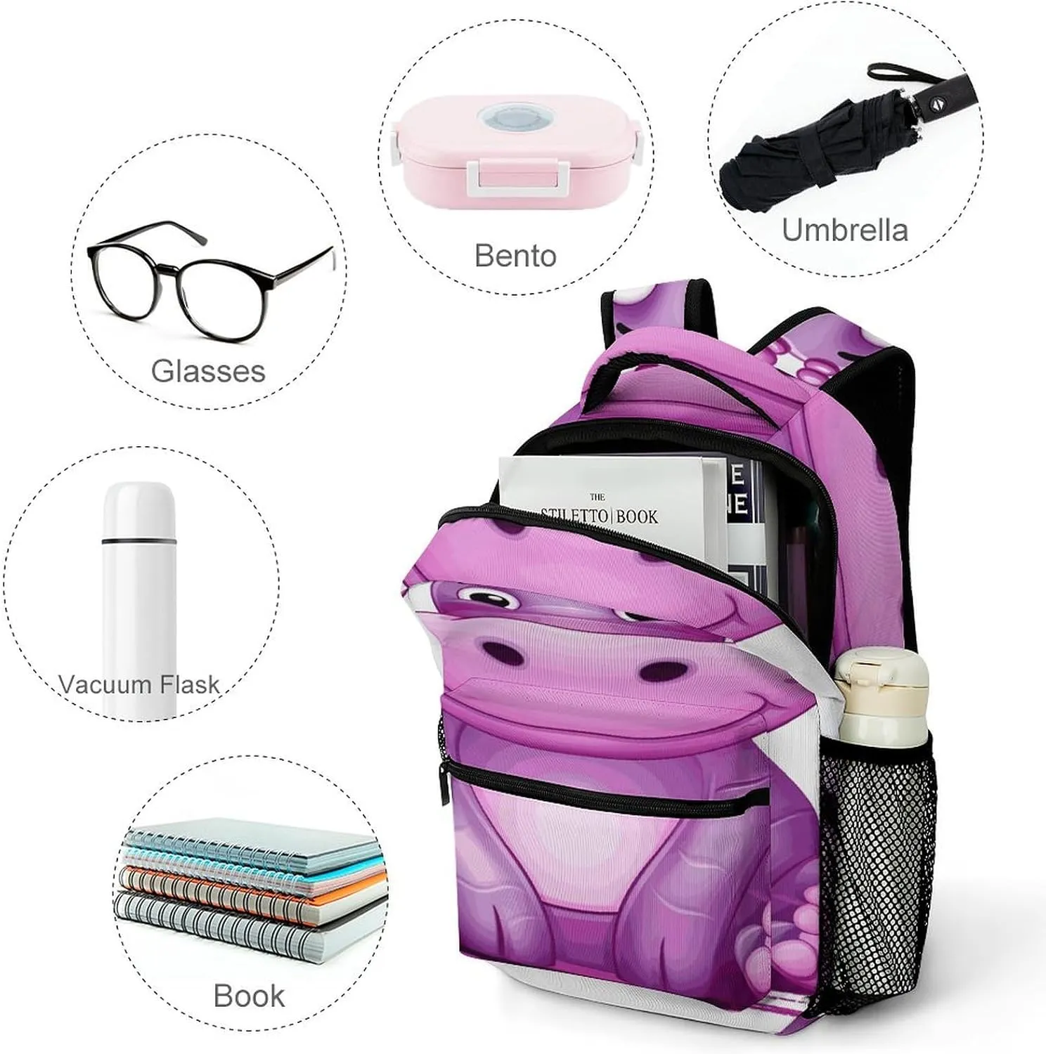 Small Backpacks Personalized Cartoon Purple Hippo Printing Travel Bag Lightweight Travel Backpack For Women Men