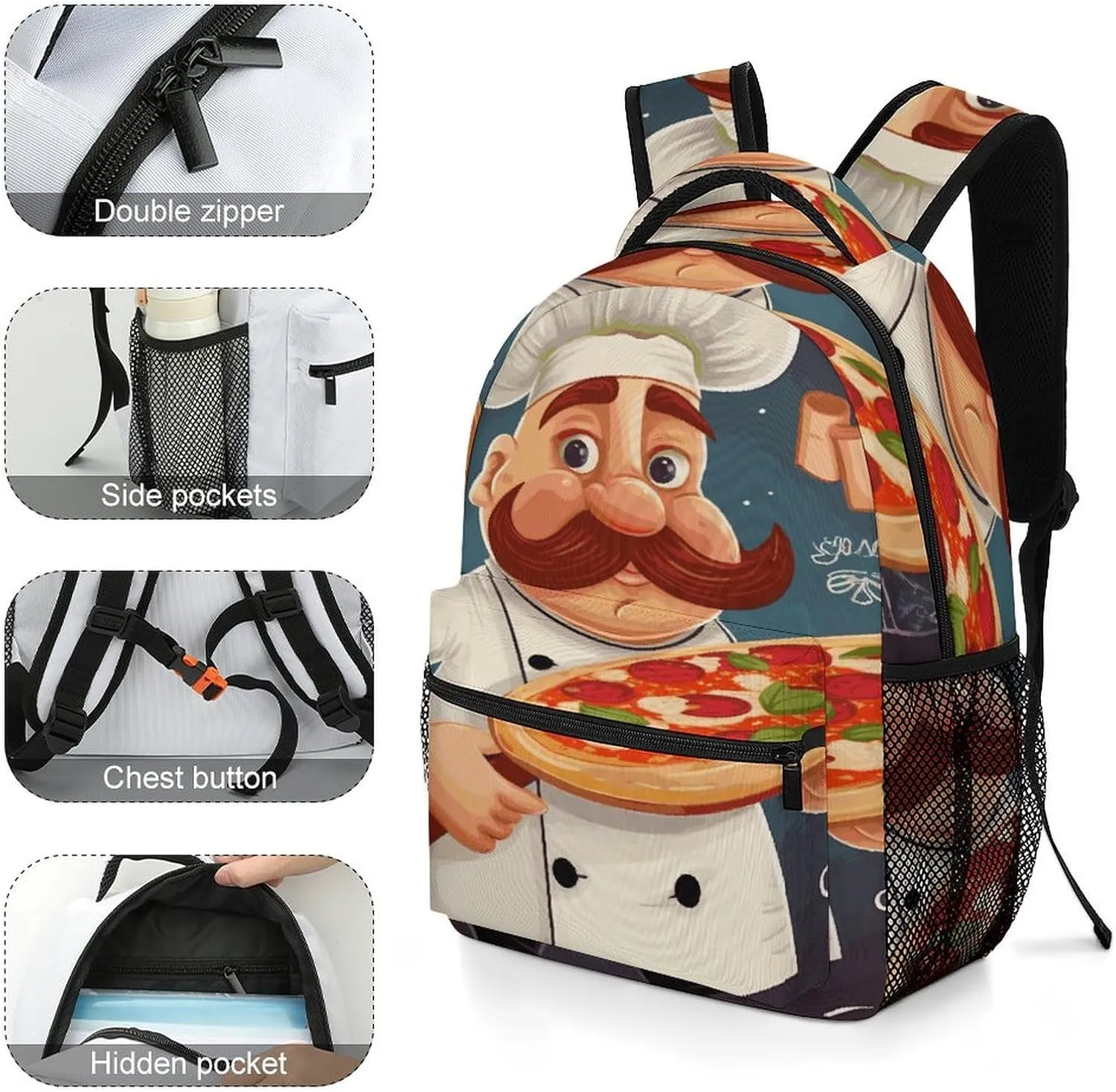 Small Backpacks Personalized Chef Pizza Printing Travel Bag Lightweight Travel Backpack For Women Men