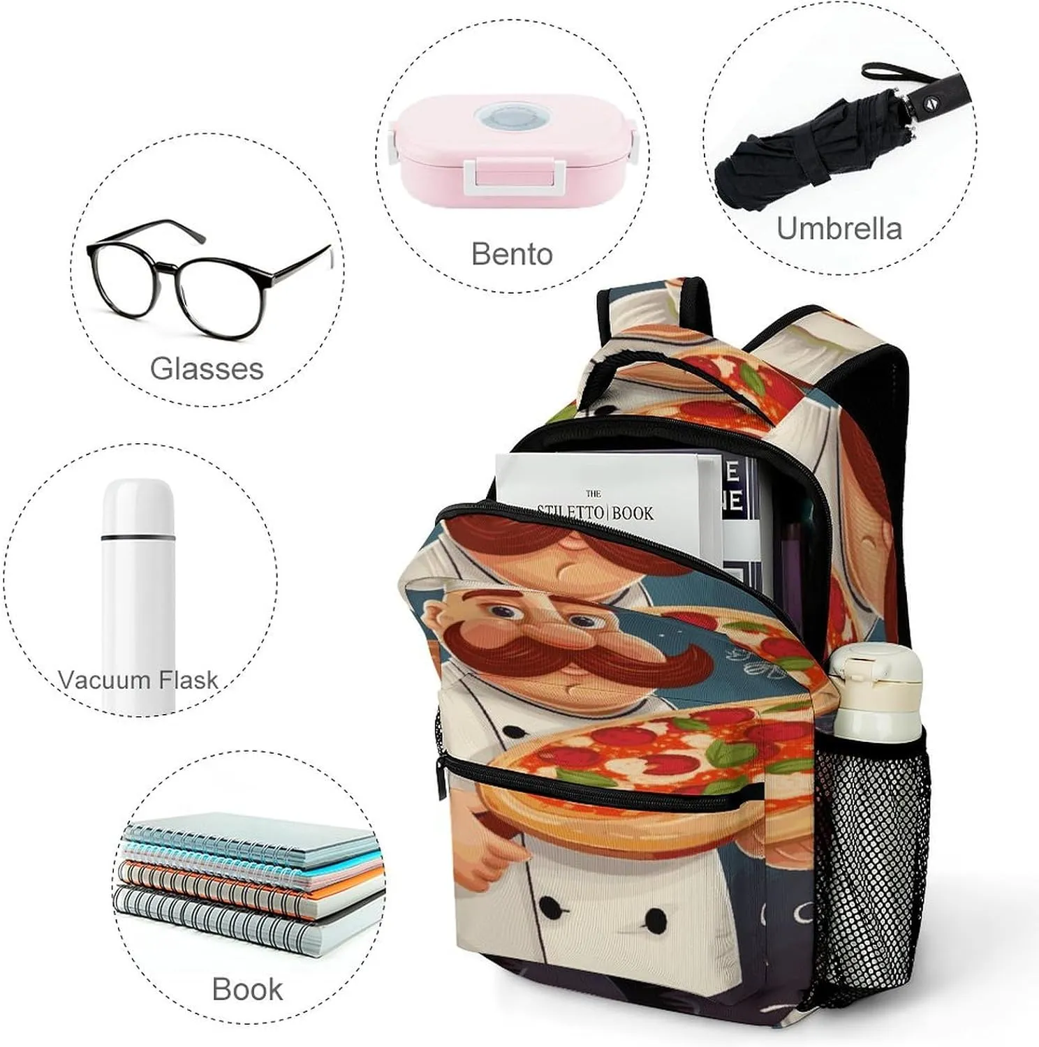Small Backpacks Personalized Chef Pizza Printing Travel Bag Lightweight Travel Backpack For Women Men