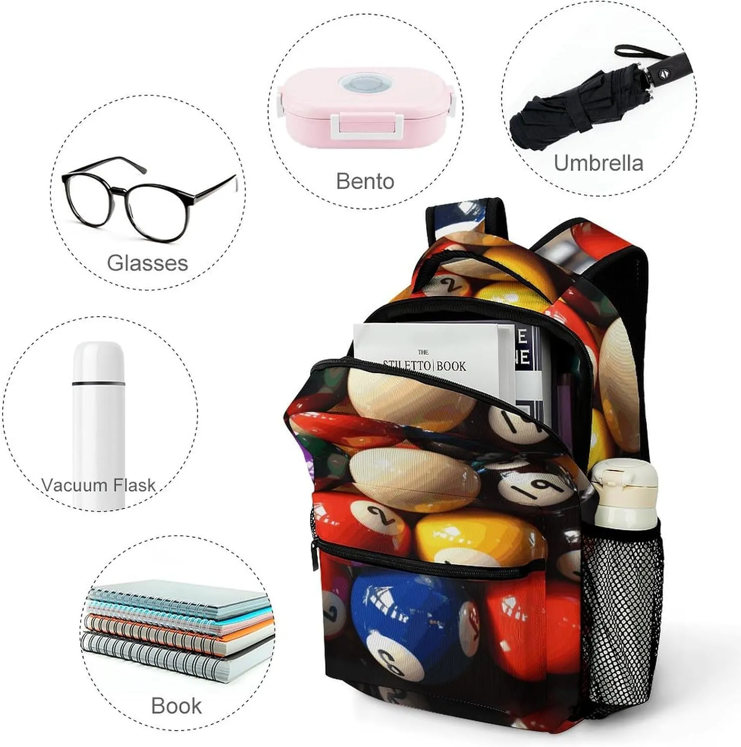 Small Backpacks Personalized Color Billiards Printing Travel Bag Lightweight Travel Backpack For Women Men