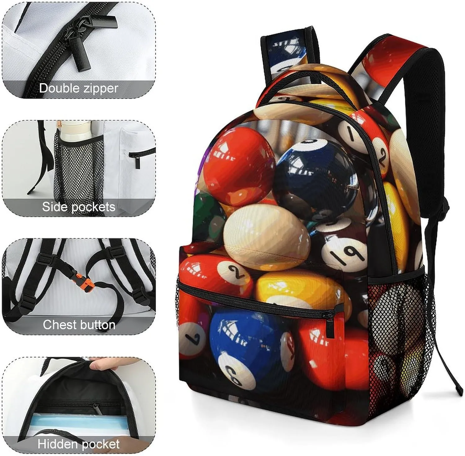 Small Backpacks Personalized Color Billiards Printing Travel Bag Lightweight Travel Backpack For Women Men