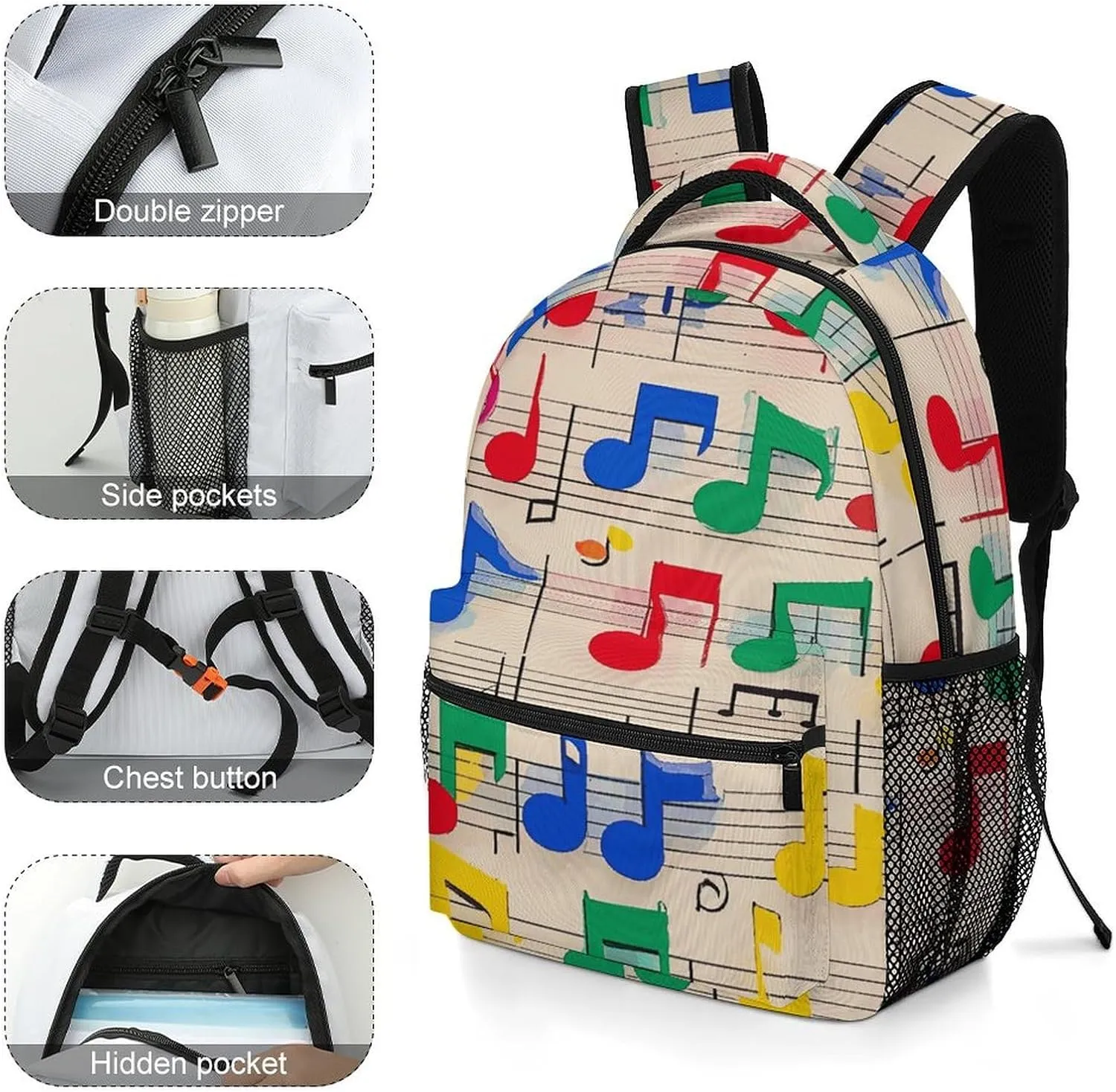 Small Backpacks Personalized Colorful Musical Notes Printing Travel Bag Lightweight Travel Backpack For Women Men