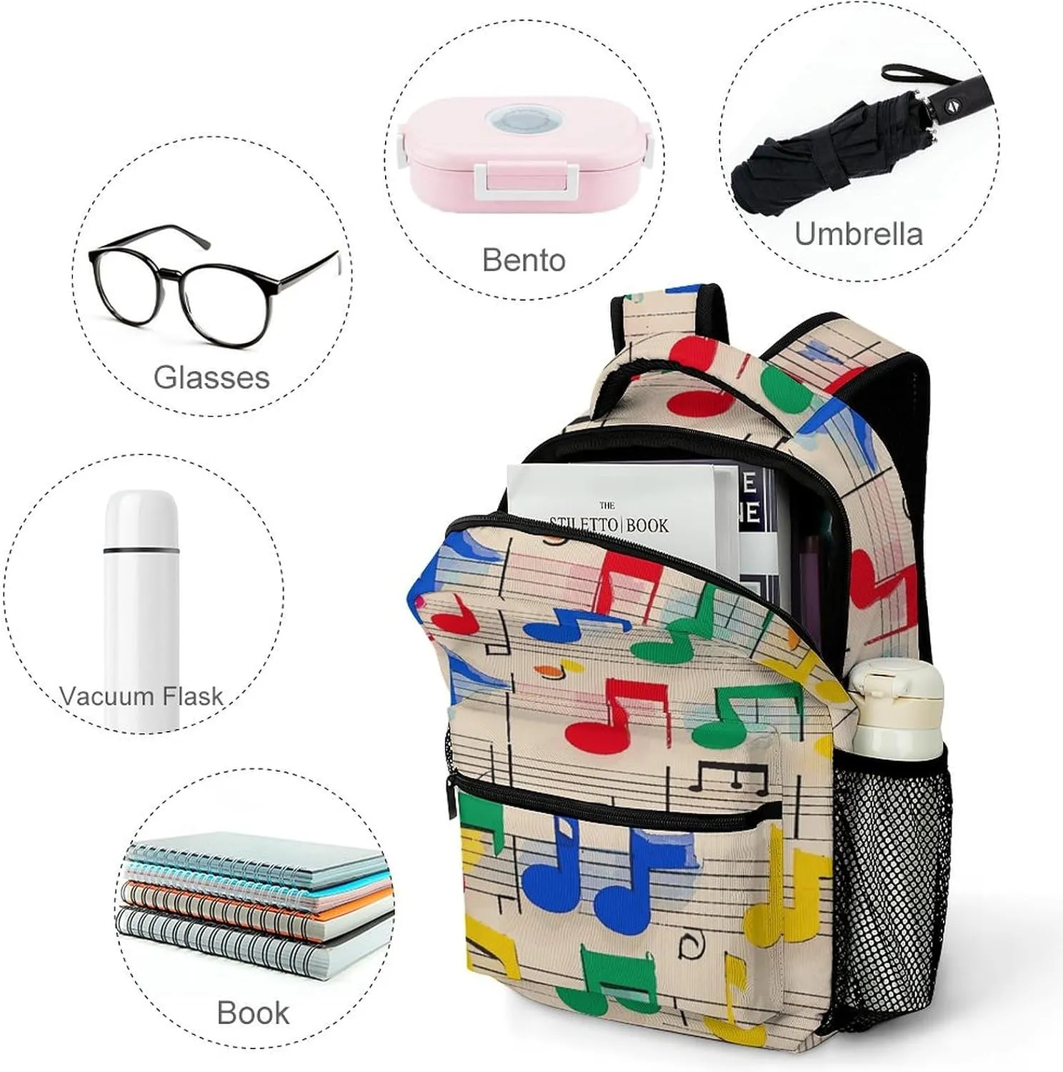 Small Backpacks Personalized Colorful Musical Notes Printing Travel Bag Lightweight Travel Backpack For Women Men
